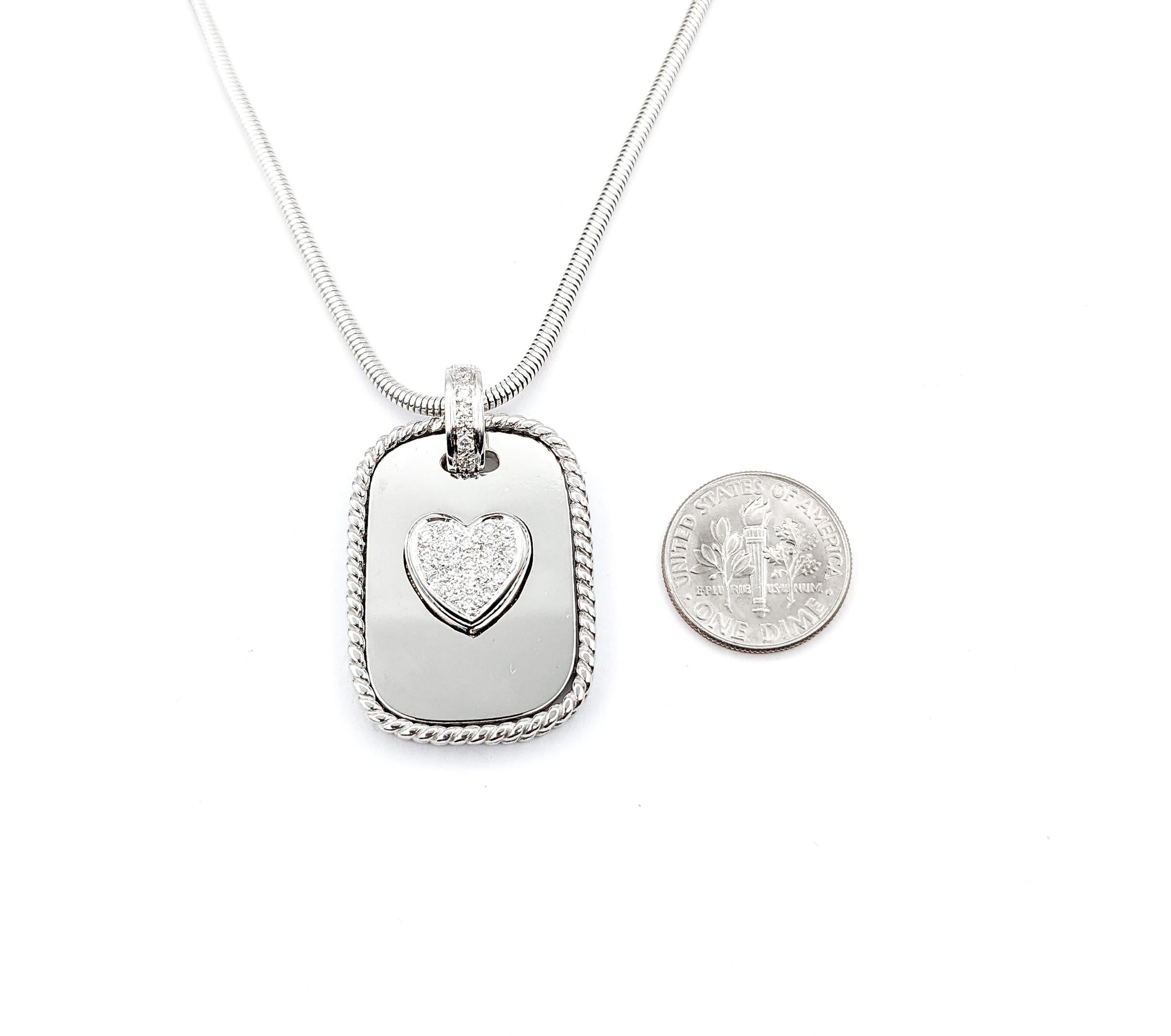 Round Cut Diamond Cassis Dog Tag Pave Heart Pendant In White Gold W/Snake Chain For Sale