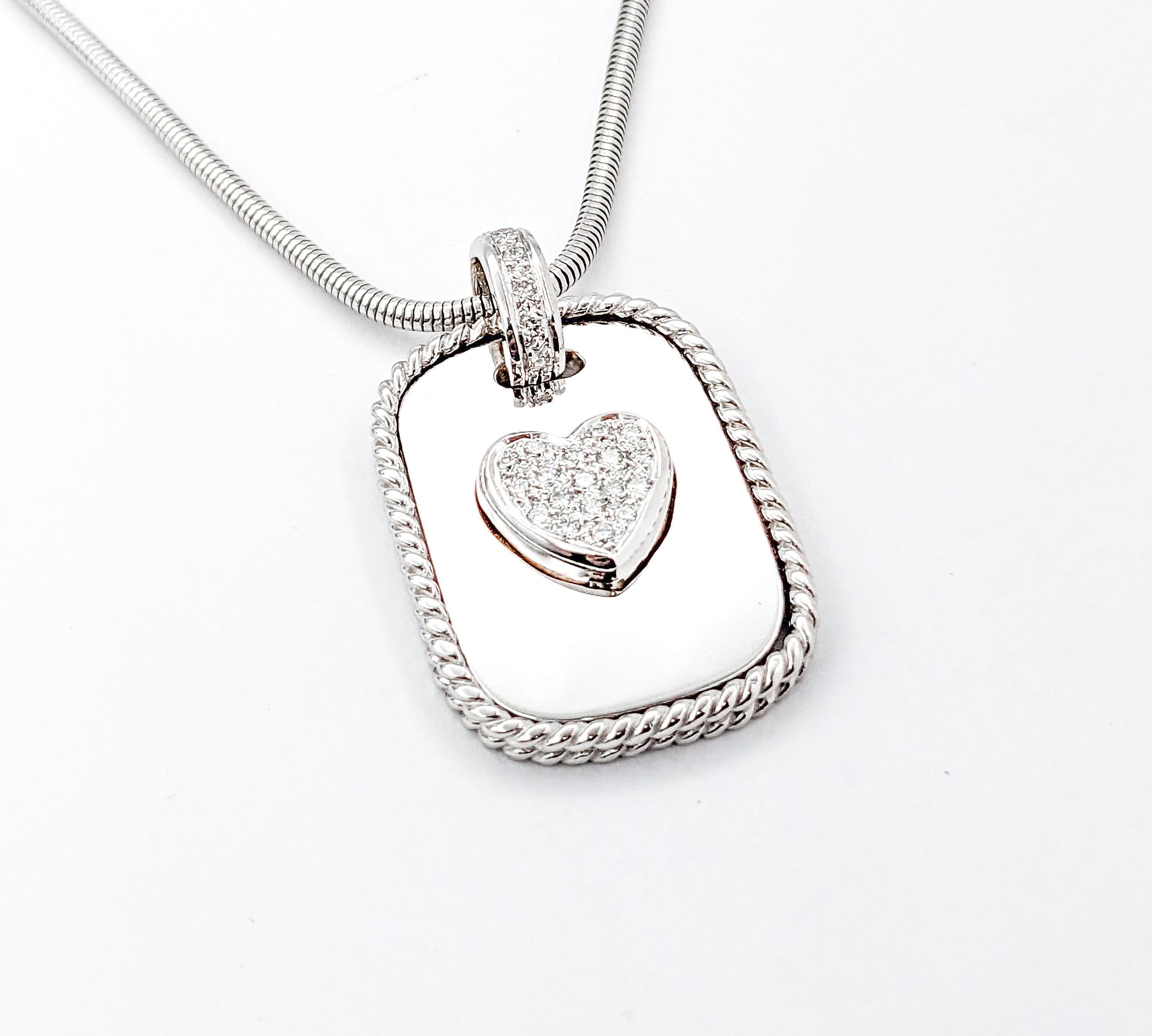 Diamond Cassis Dog Tag Pave Heart Pendant In White Gold W/Snake Chain In Excellent Condition For Sale In Bloomington, MN