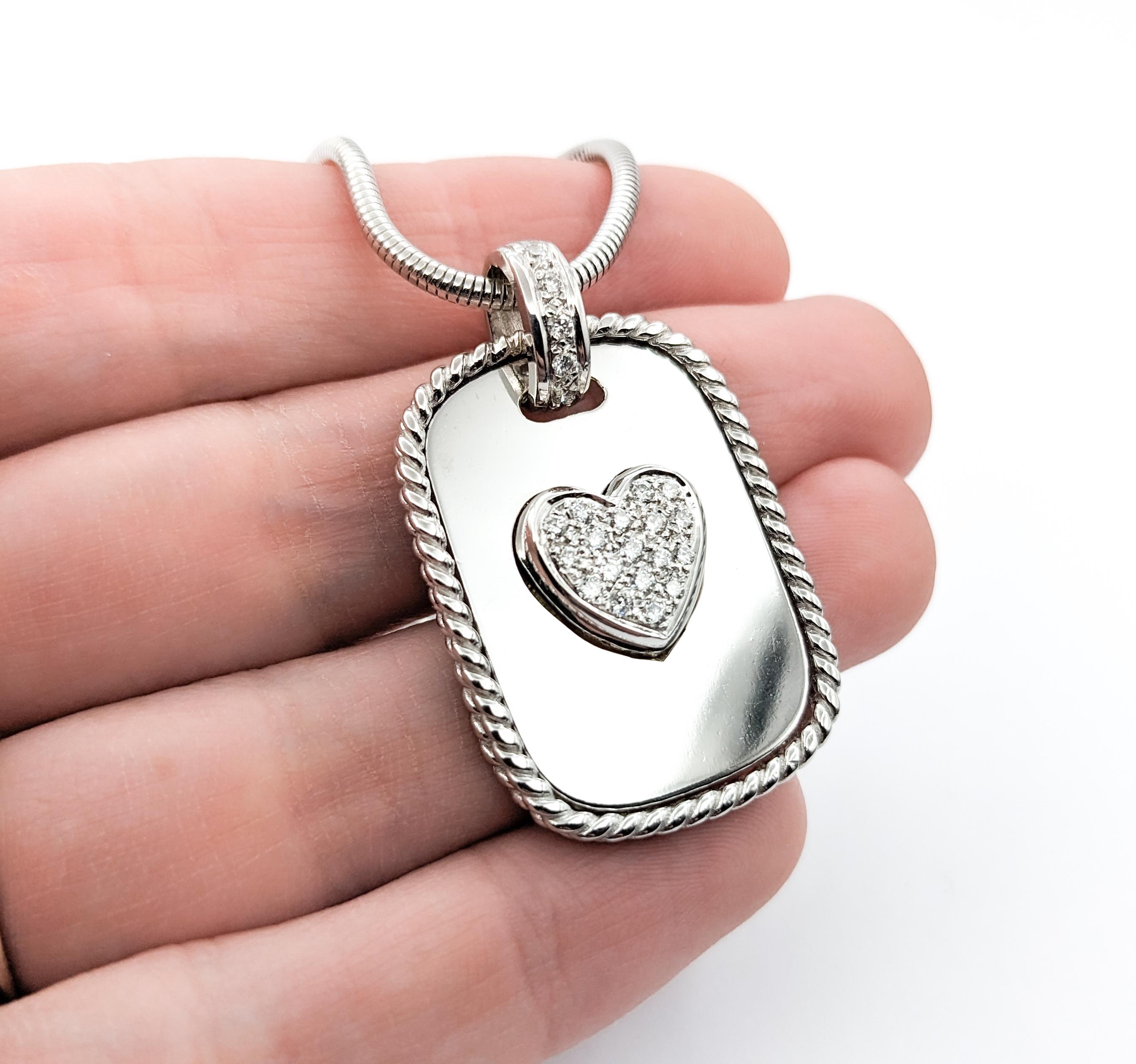 Diamond Cassis Dog Tag Pave Heart Pendant In White Gold W/Snake Chain For Sale 1
