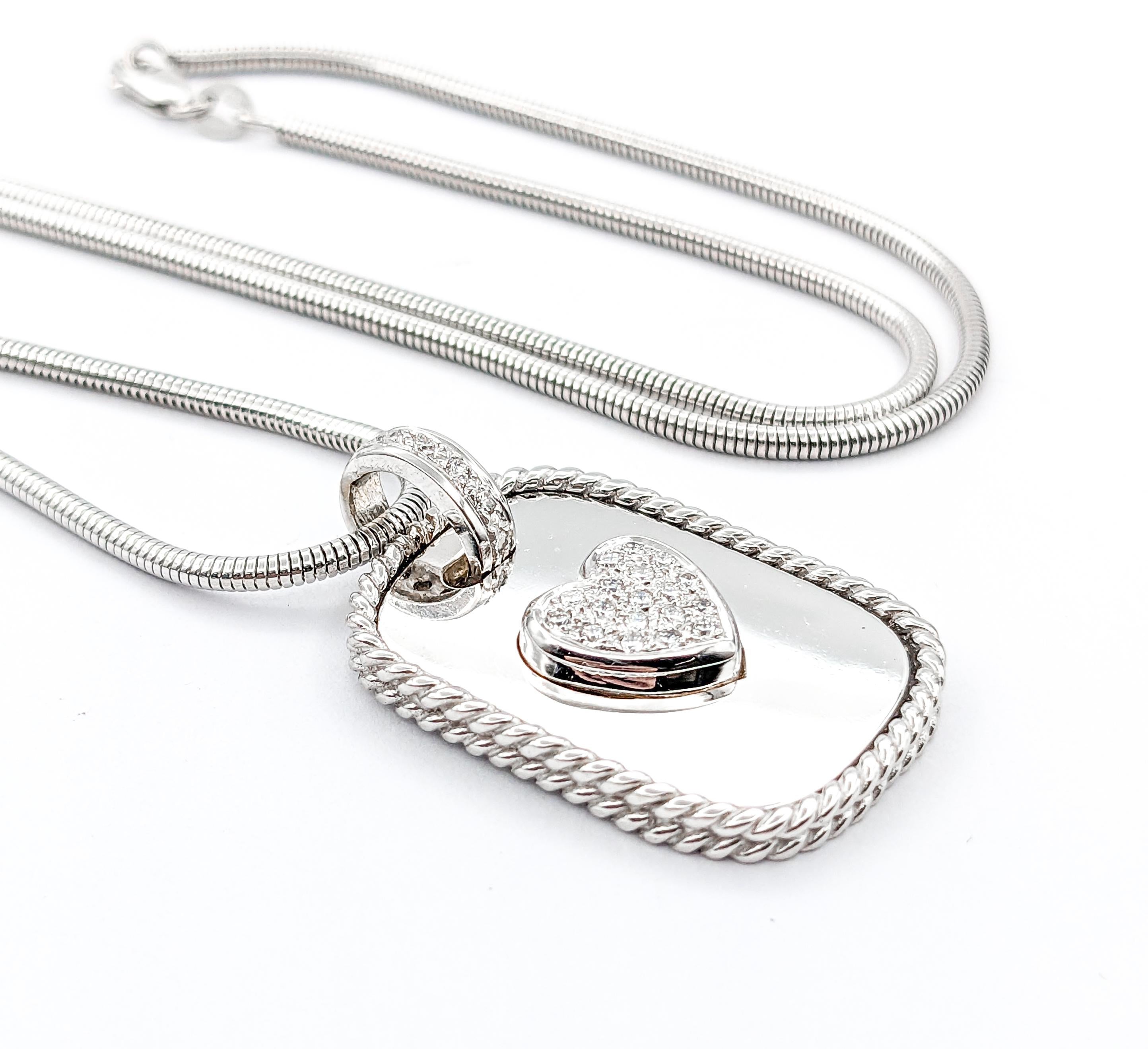 Diamond Cassis Dog Tag Pave Heart Pendant In White Gold W/Snake Chain For Sale