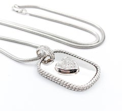 Retro Diamond Cassis Dog Tag Pave Heart Pendant In White Gold W/Snake Chain