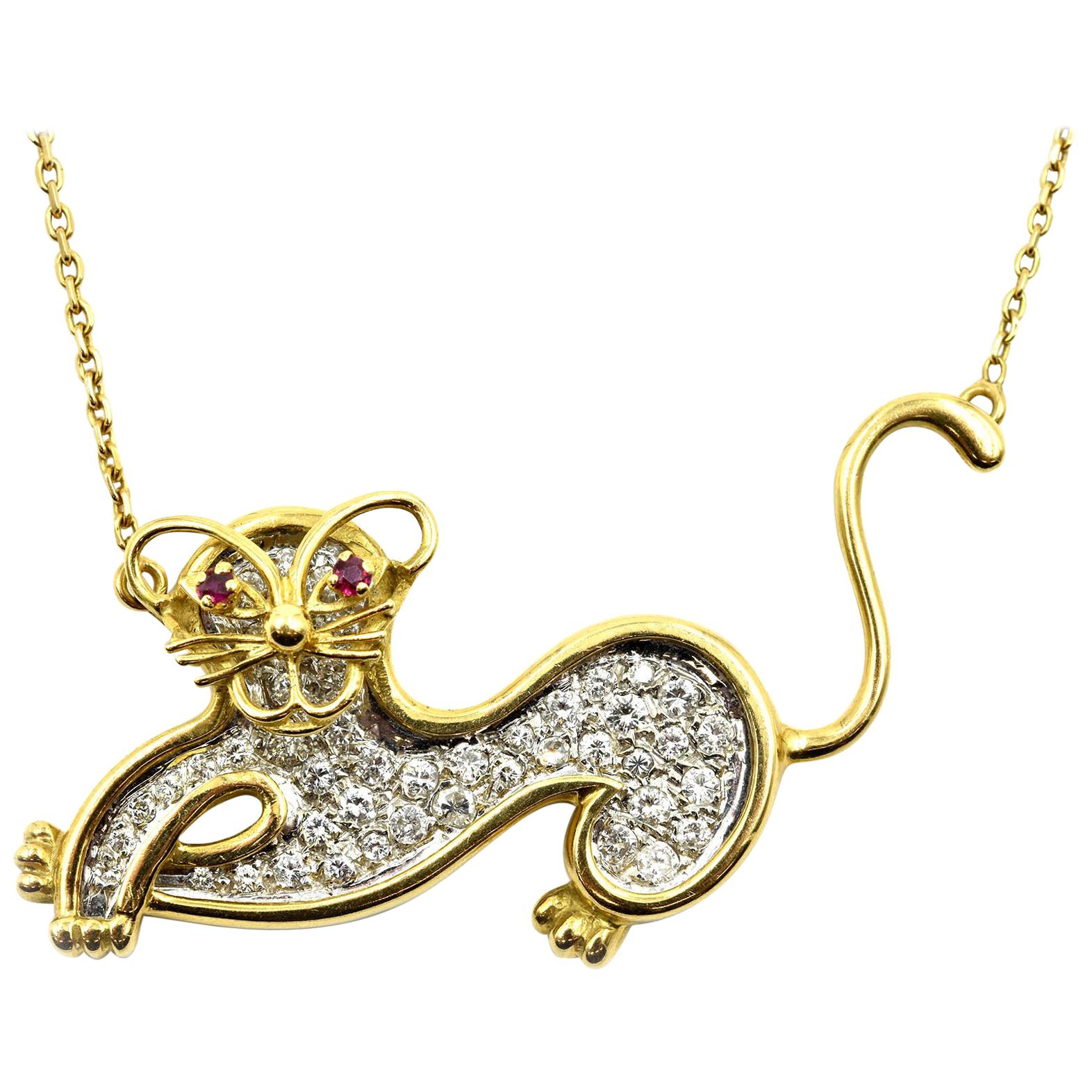 Diamond Cat Pendant on Chain 18 Karat Yellow Gold