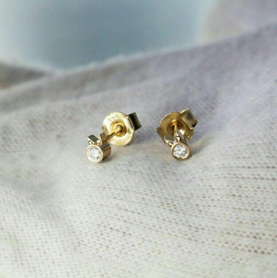 Diamond Cat Stud Earrings 14K Solid Gold Women Earrings Christmas Gift. For Sale 1