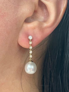 Diamond Chain Drop South Sea Pearl Earrings 0.65 Carats 14KT Yellow Gold 9-10 MM