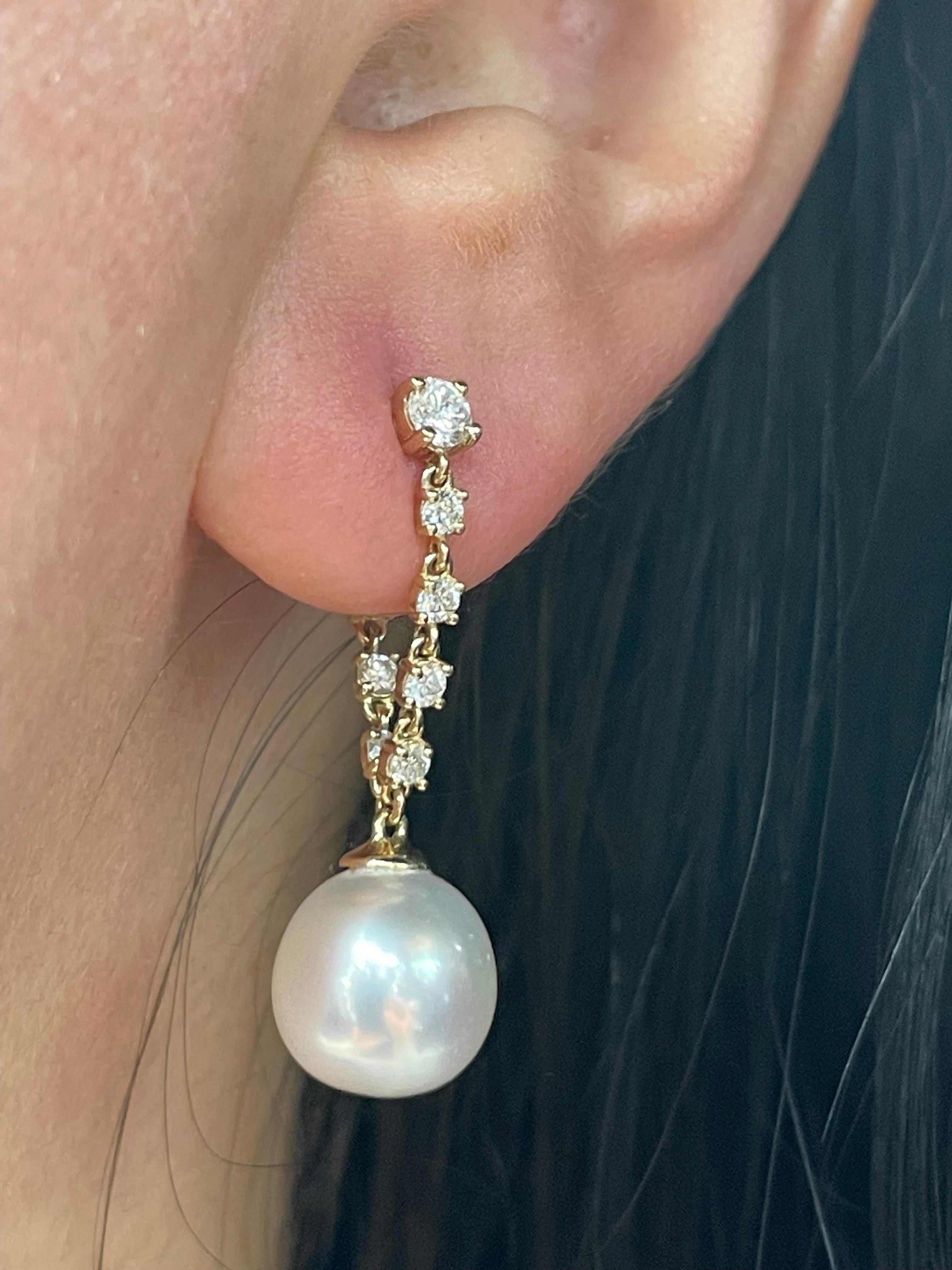 Diamond Chain Drop South Sea Pearl Earrings 0.65 Carats 14 Karat Yellow Gold  For Sale 5
