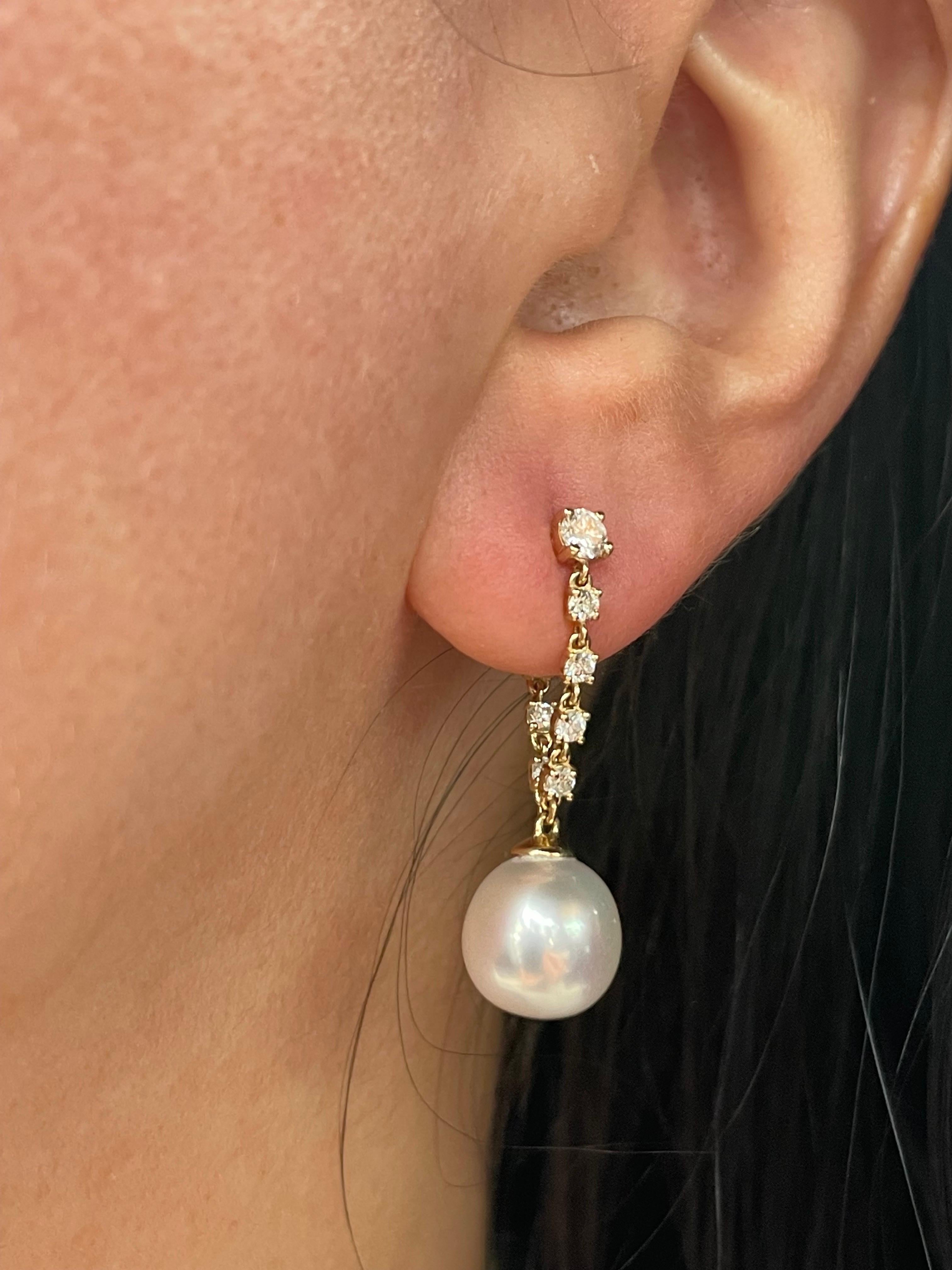 Diamond Chain Drop South Sea Pearl Earrings 0.65 Carats 14 Karat Yellow Gold  For Sale 6