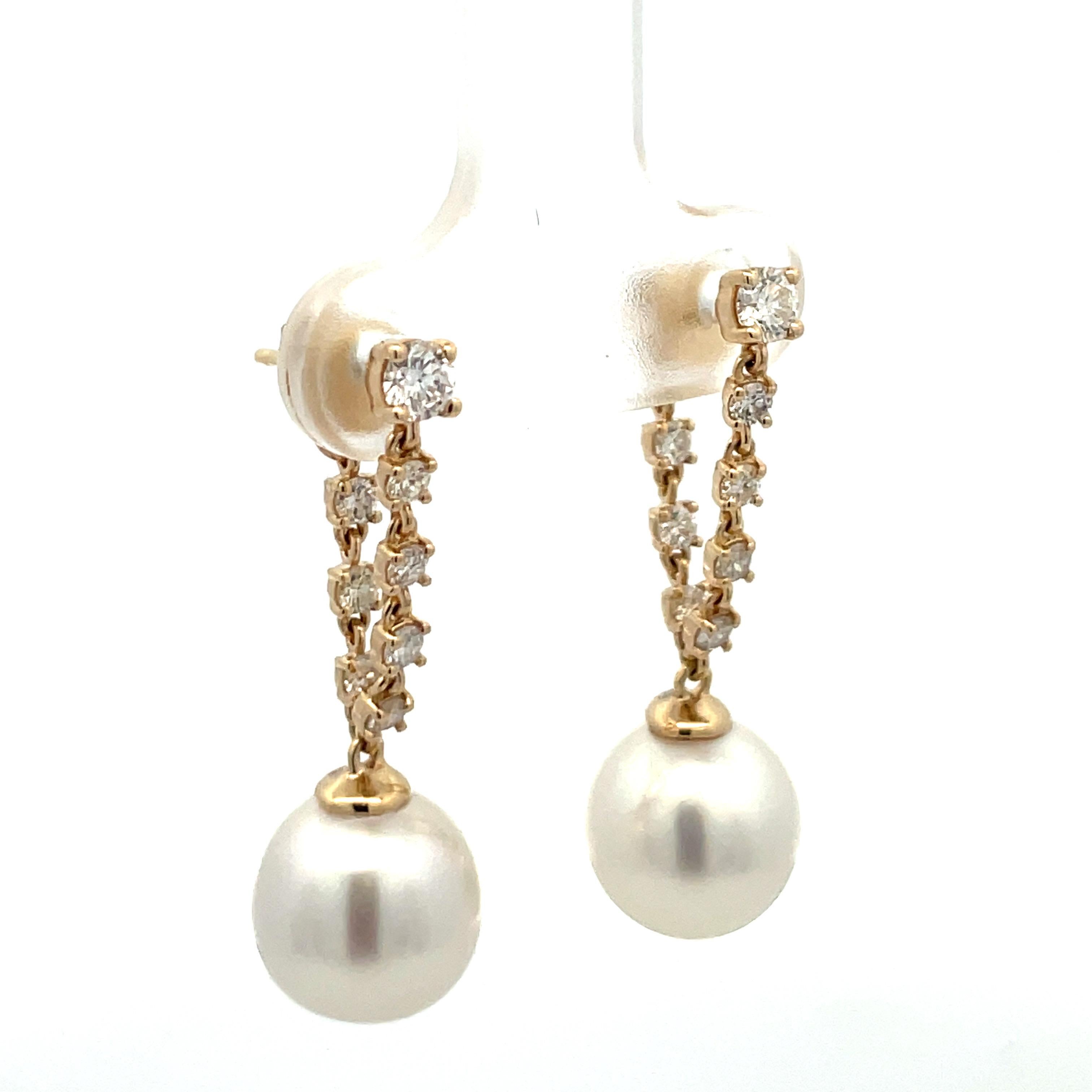 Contemporary Diamond Chain Drop South Sea Pearl Earrings 0.65 Carats 14 Karat Yellow Gold  For Sale