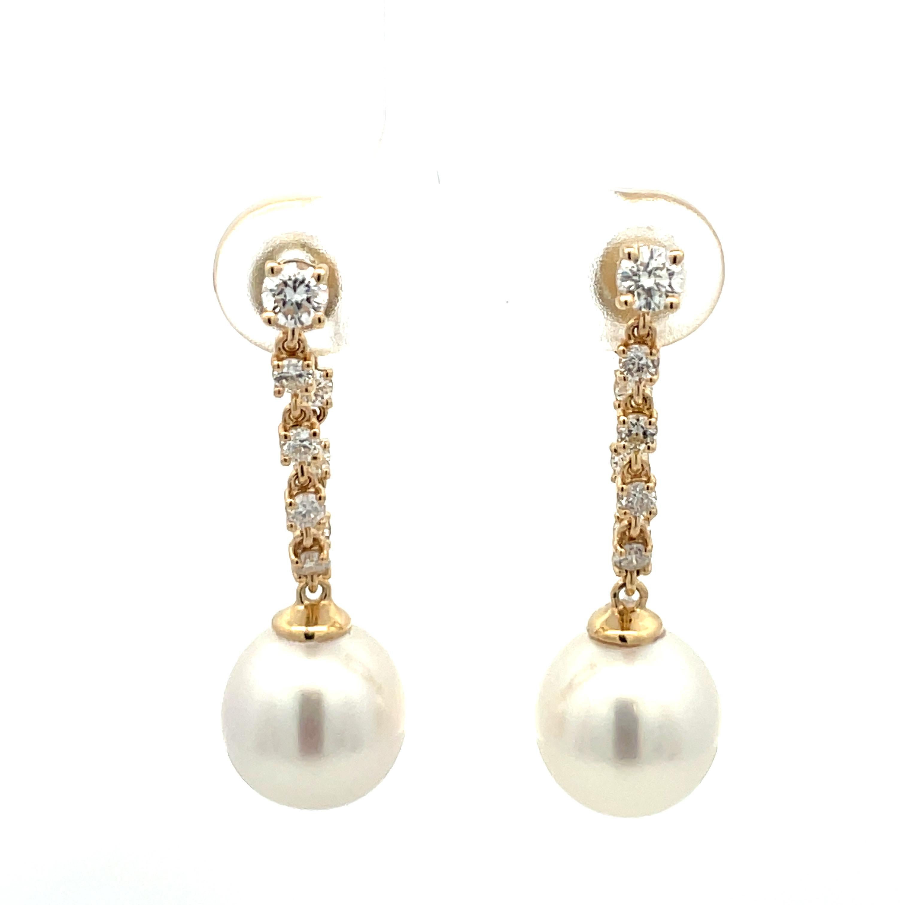 Round Cut Diamond Chain Drop South Sea Pearl Earrings 0.65 Carats 14 Karat Yellow Gold  For Sale