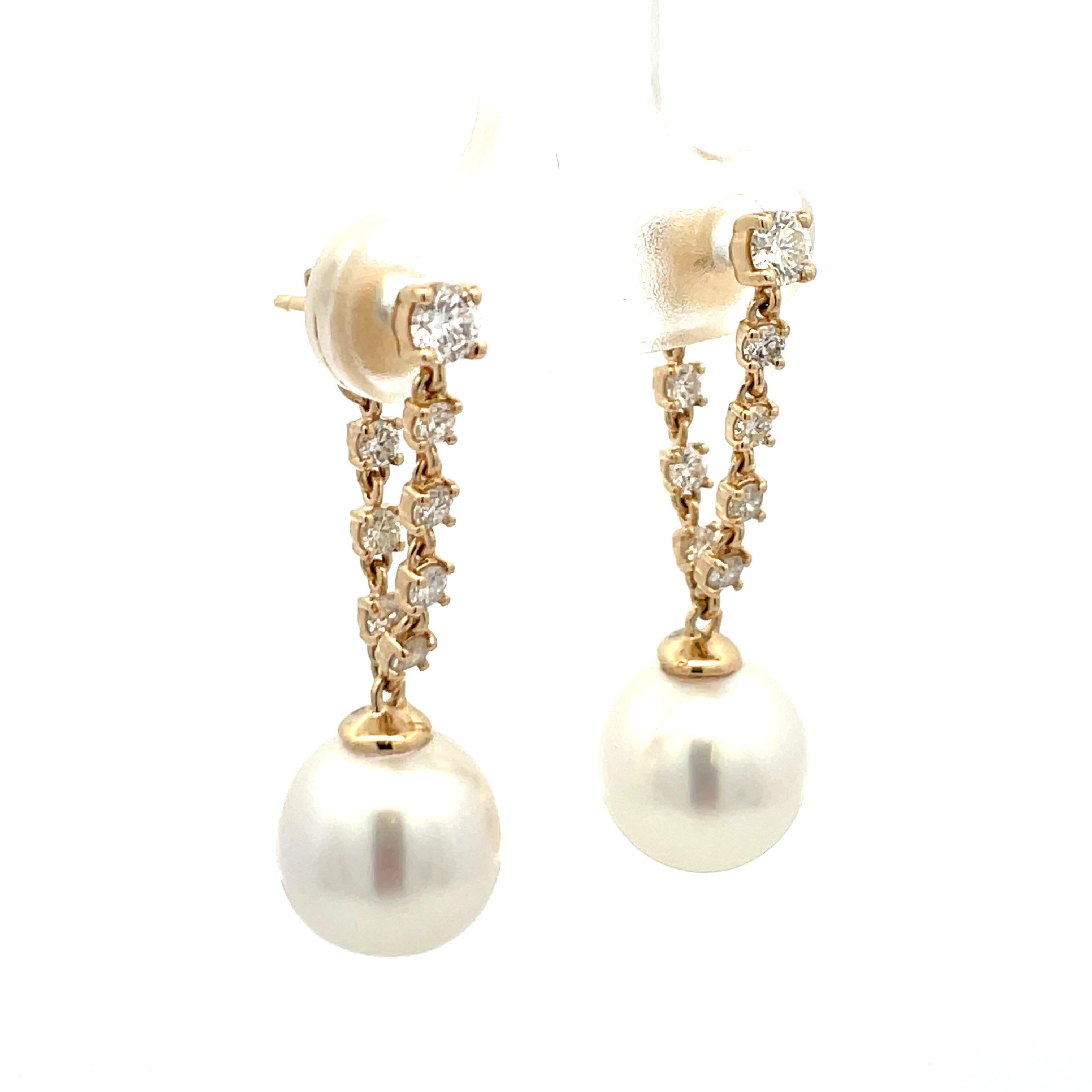 Diamond Chain Drop South Sea Pearl Earrings 0.65 Carats 14 Karat Yellow Gold  In New Condition For Sale In New York, NY