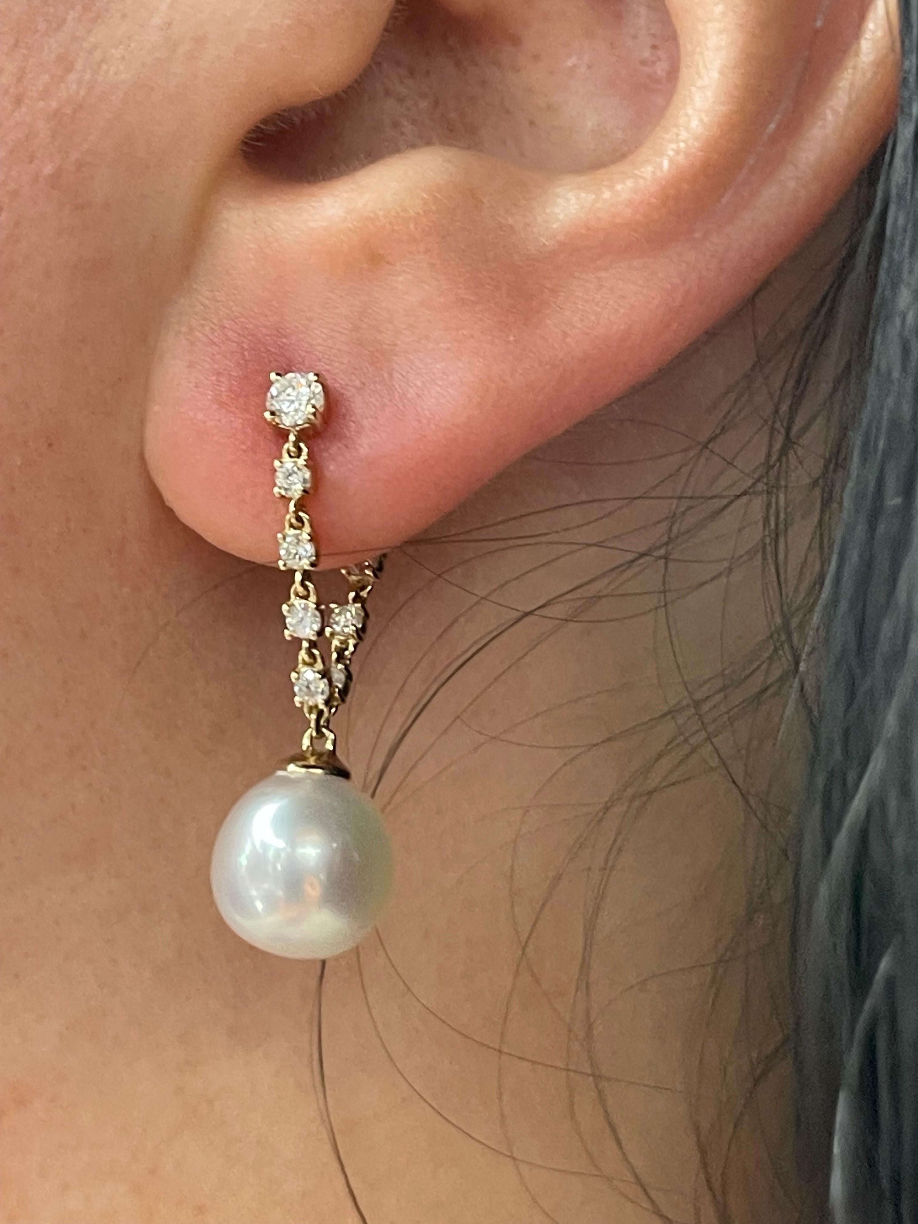 Diamond Chain Drop South Sea Pearl Earrings 0.65 Carats 14 Karat Yellow Gold  3