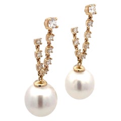 Diamond Chain Drop South Sea Pearl Earrings 0.65 Carats 14 Karat Yellow Gold