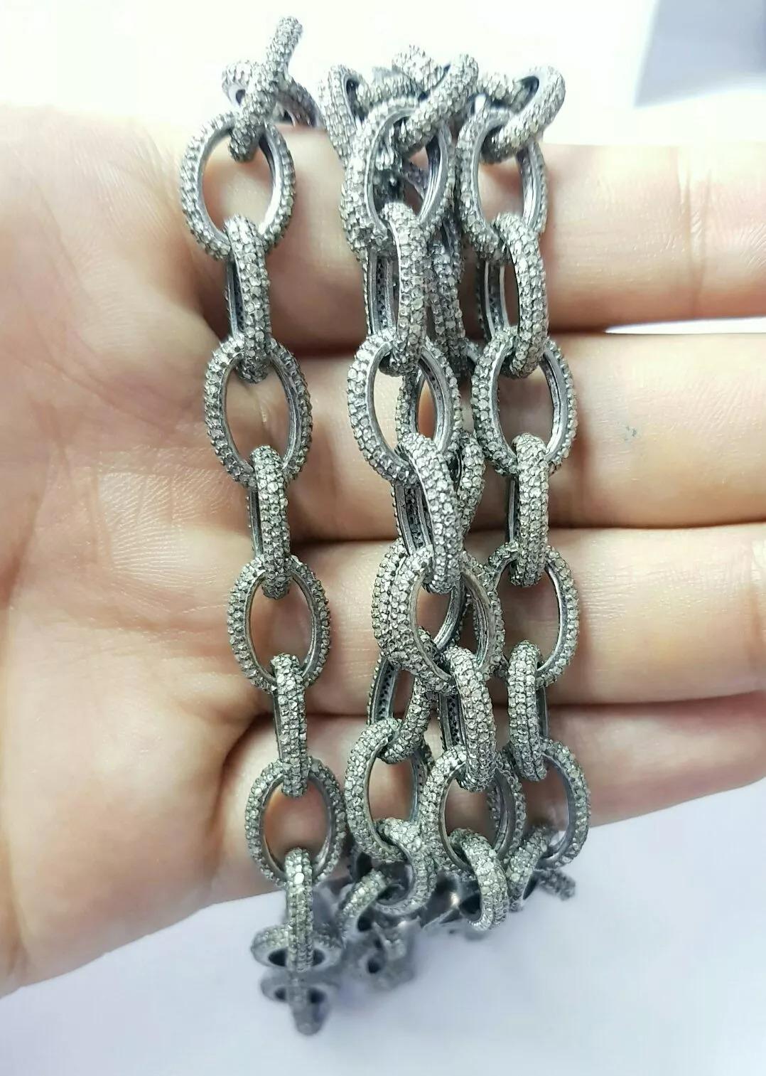 Round Cut Diamond Chain Link Necklace 36 Inch 925 Sterling Silver Chain For Sale