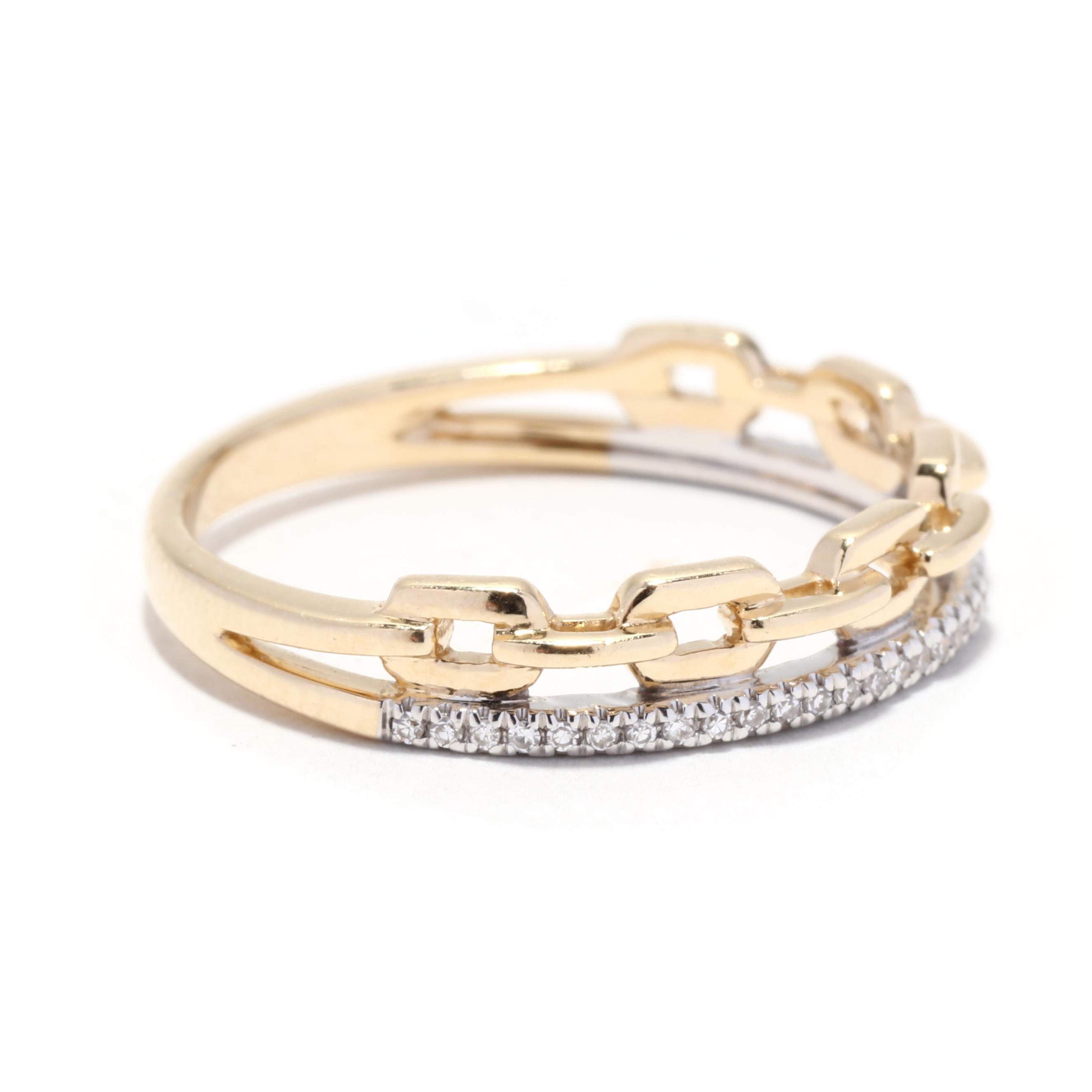 A 14 karat yellow gold diamond chain link stackable band ring. This minimalist ring features a two band style with an open chain link and a pavé diamond band weighing approximately .05 total carats and with a thin split band.

Stones: 
- diamonds,