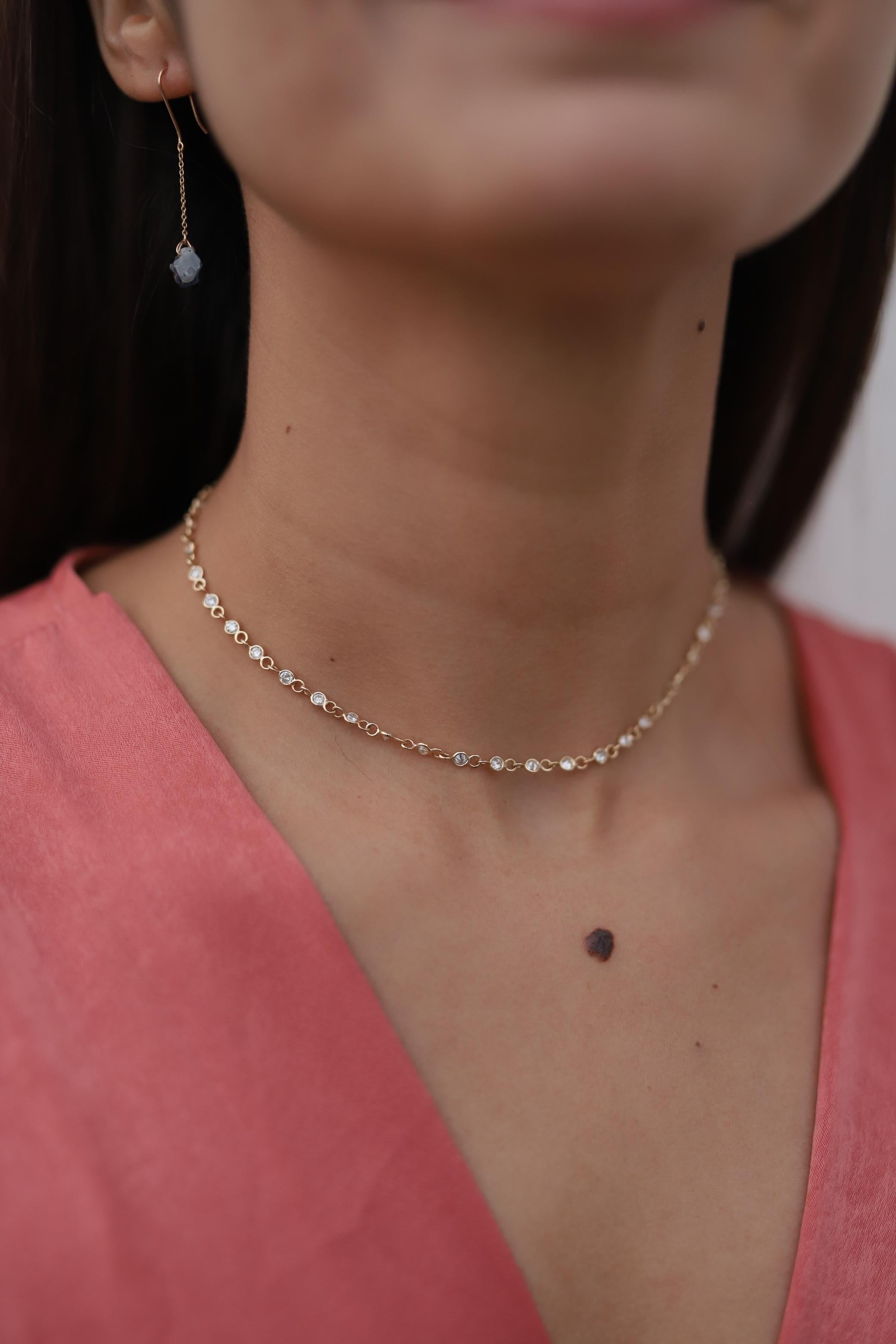 Long Diamond Necklace studded with round cut diamond in 14K Gold. This stunning piece of jewelry instantly elevates a casual look or dressy outfit. 
April birthstone diamond brings love, fame, success and prosperity.
Designed with round cut diamond