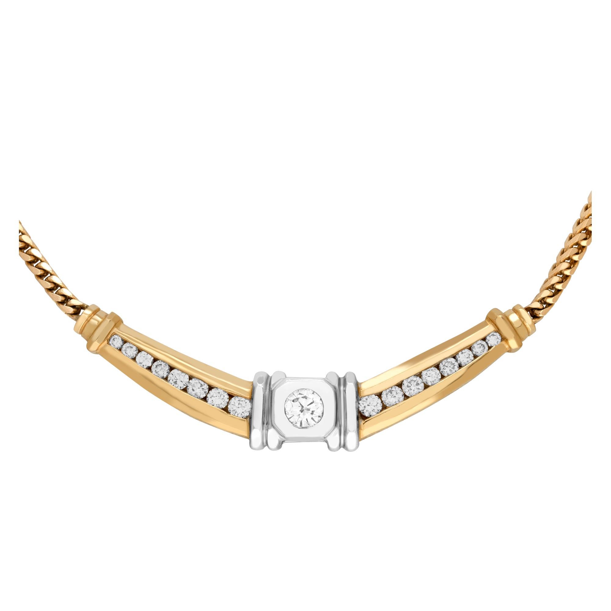 Classic chain/necklace with diamond motif center,set in 14k yellow and white gold. Total diamond approximative weight: 1.50 carat. All round brilliant cut diamonds channel and bezel set center estimate: G/H color, VS/SI clarity. Heavy 