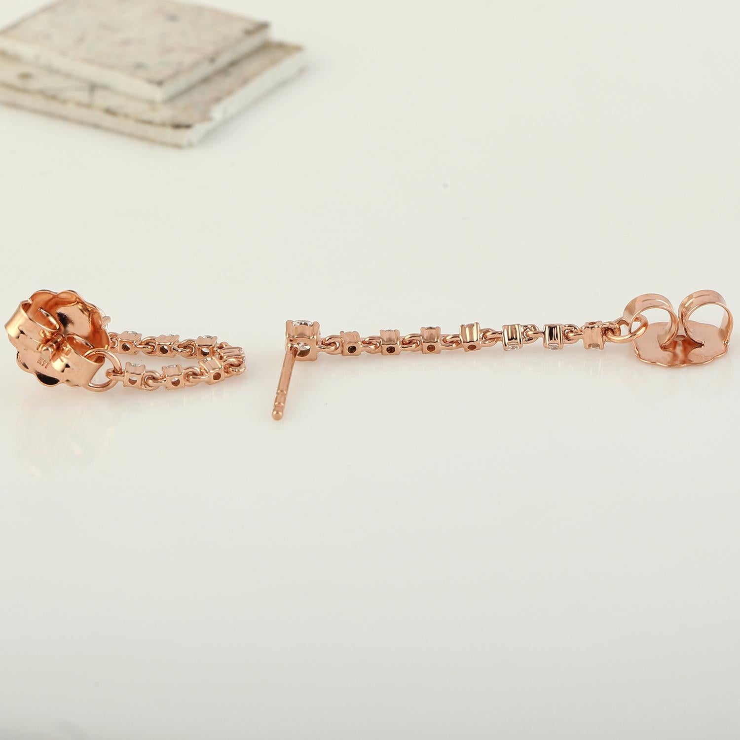 Contemporary Diamond Chain Thread Earrings Made In 14k Rose Gold For Sale