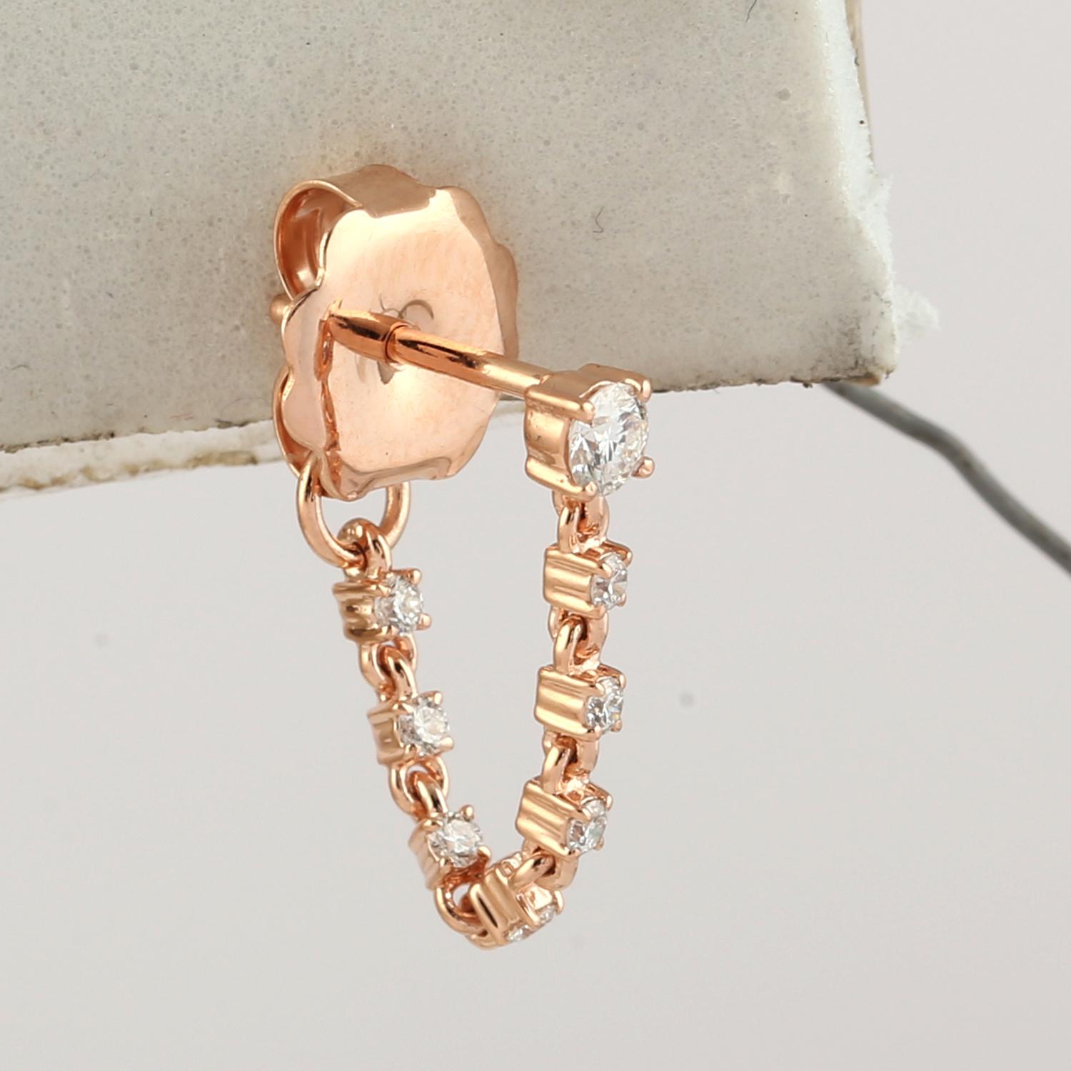 Mixed Cut Diamond Chain Thread Earrings Made In 14k Rose Gold For Sale