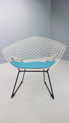 Diamond chair by Harry Bertoia in white & black metal and new blue seating 1960s