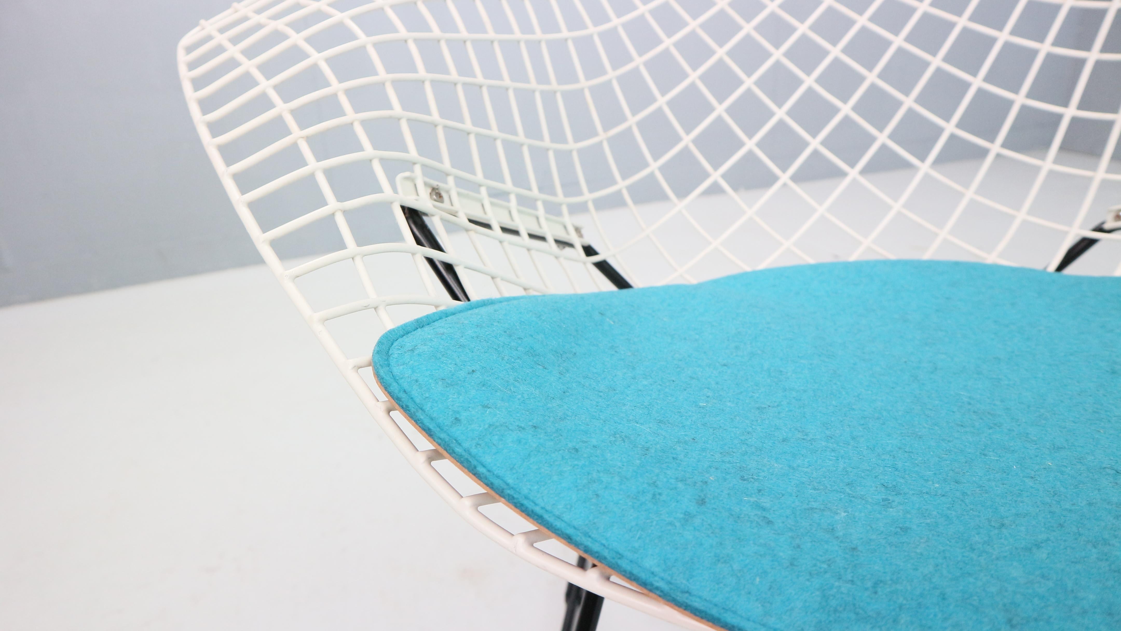 Metal Diamond chair by Harry Bertoia in white & black metal and new blue seating 1960s For Sale