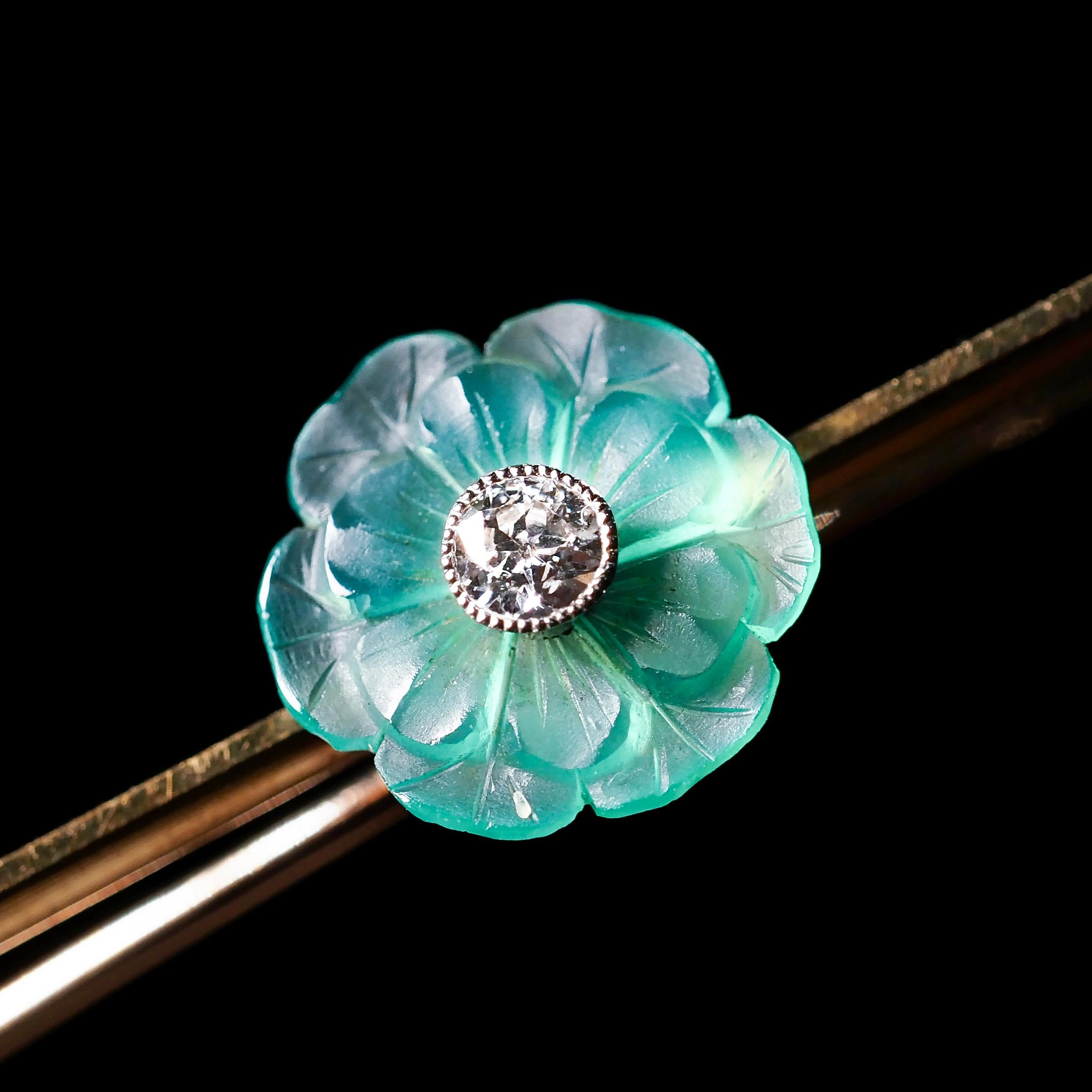 Diamond & Chalcedony Flower Brooch Translucent 15k Gold Floral Design For Sale 11