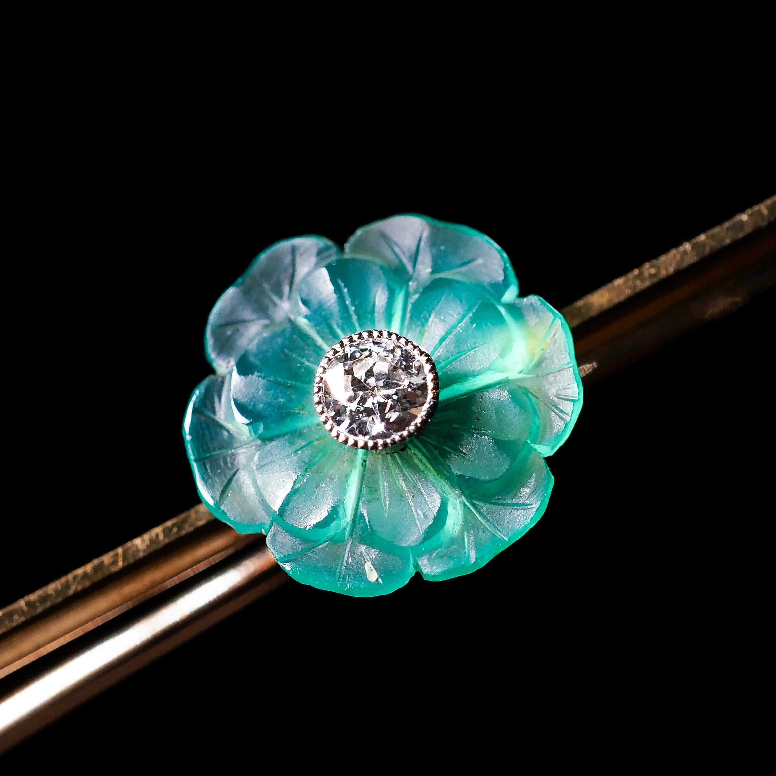 Diamond & Chalcedony Flower Brooch Translucent 15k Gold Floral Design For Sale 12