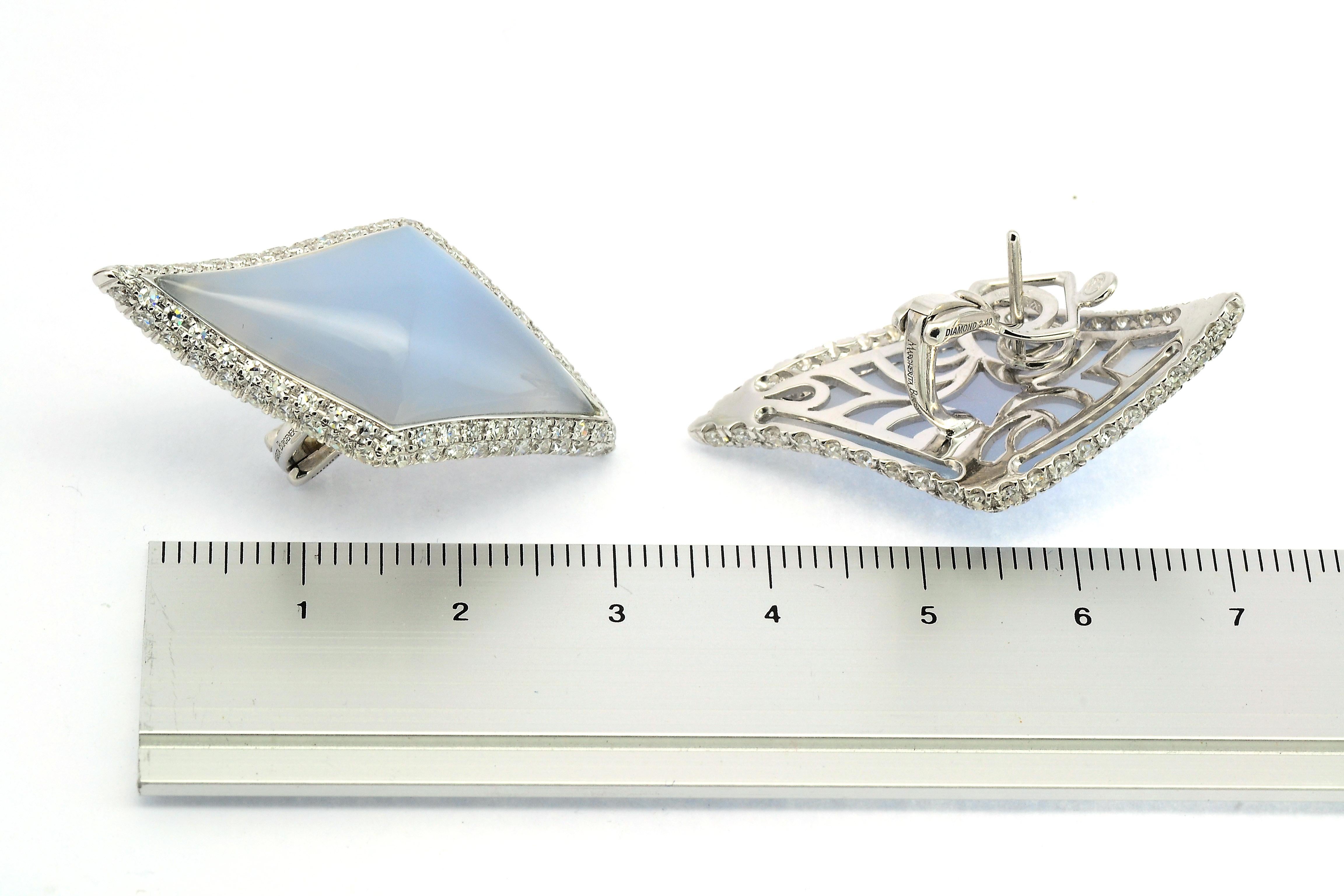 Round Cut Diamonds Chalcedony 18 KT White Gold Margherita Burgener Earrings For Sale