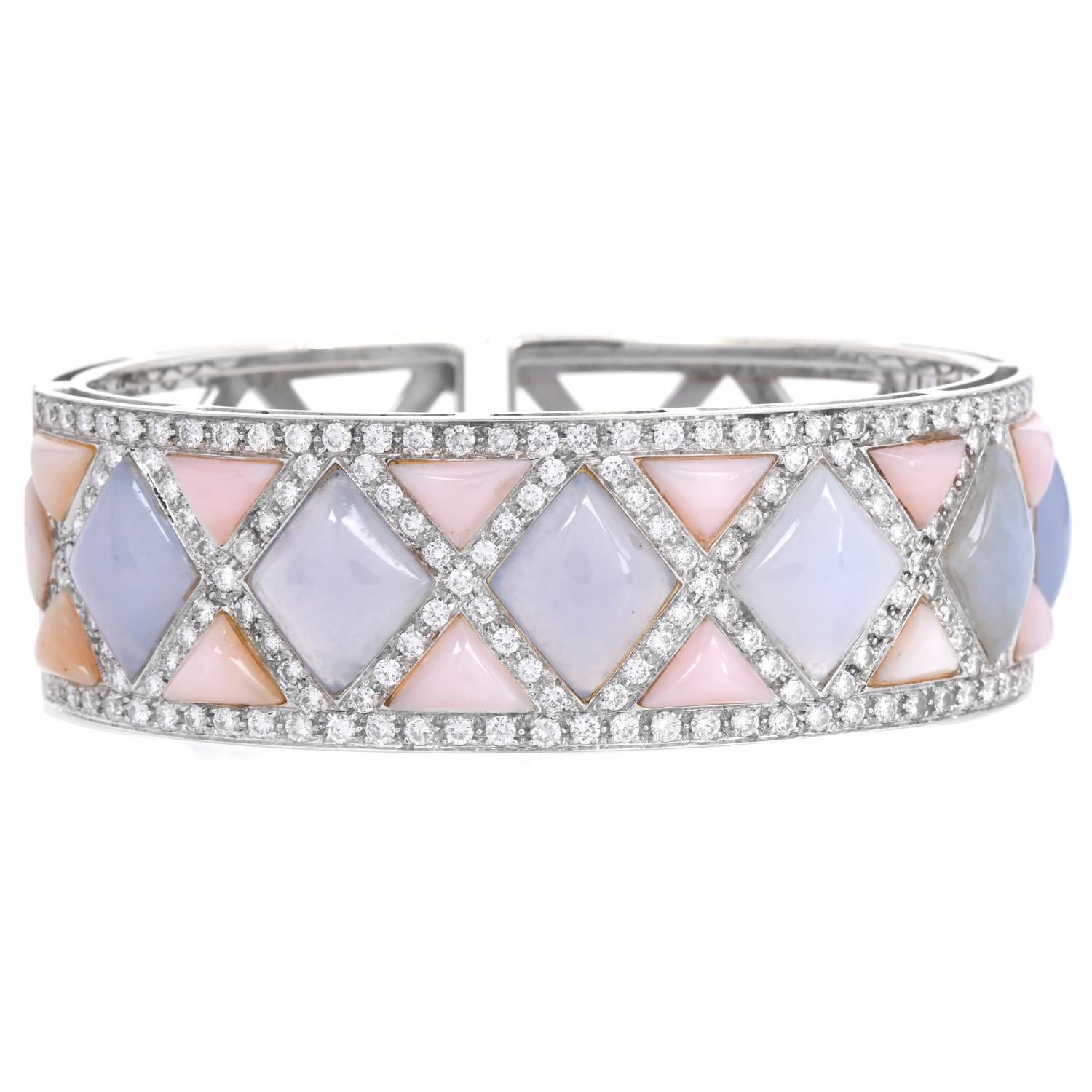 Cabochon Diamond  Chalcedony Mother Of Pearl 18K Gold  Cuff Bracelet For Sale