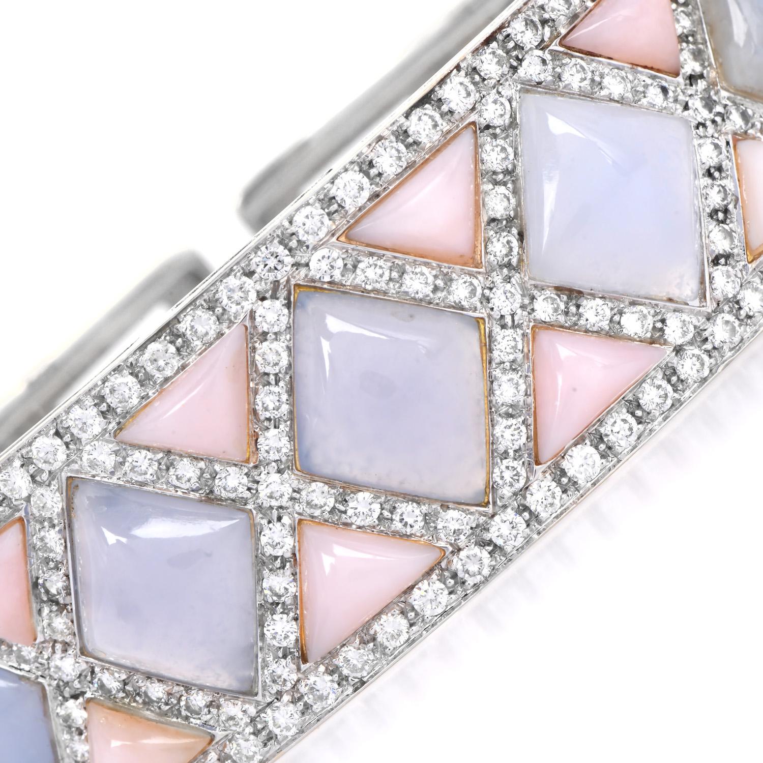 Diamond  Chalcedony Mother Of Pearl 18K Gold  Cuff Bracelet In Excellent Condition For Sale In Miami, FL