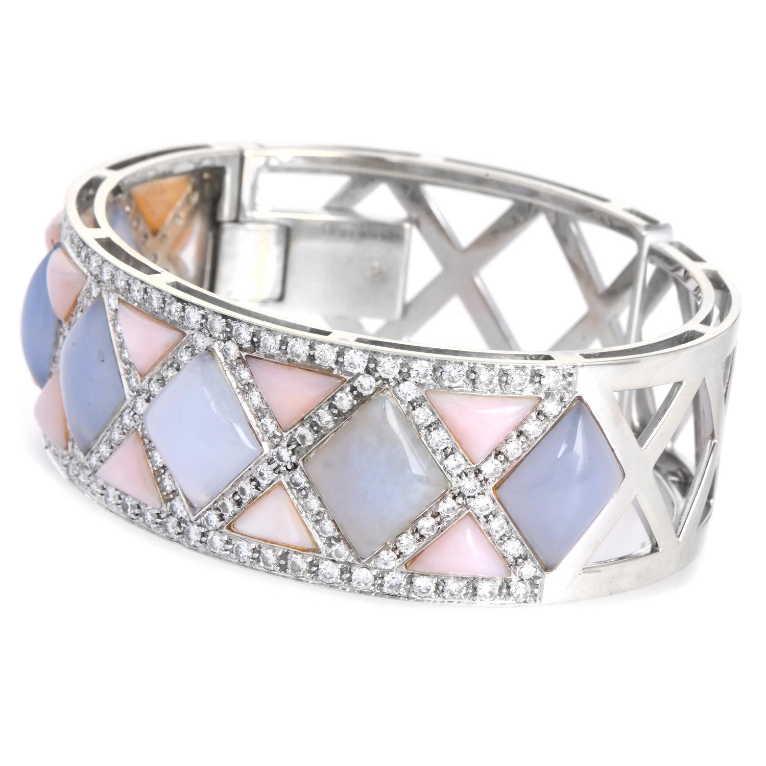 Diamond  Chalcedony Mother Of Pearl 18K Gold  Cuff Bracelet For Sale 1