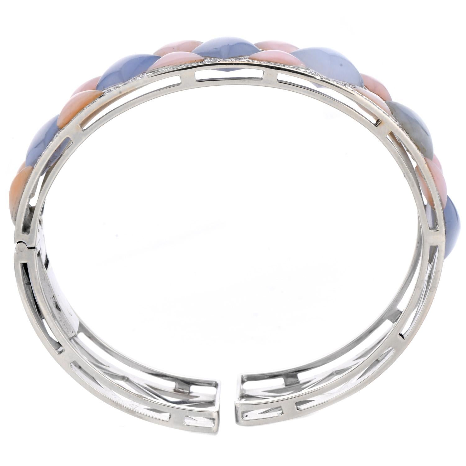 Diamond  Chalcedony Mother Of Pearl 18K Gold  Cuff Bracelet For Sale 2