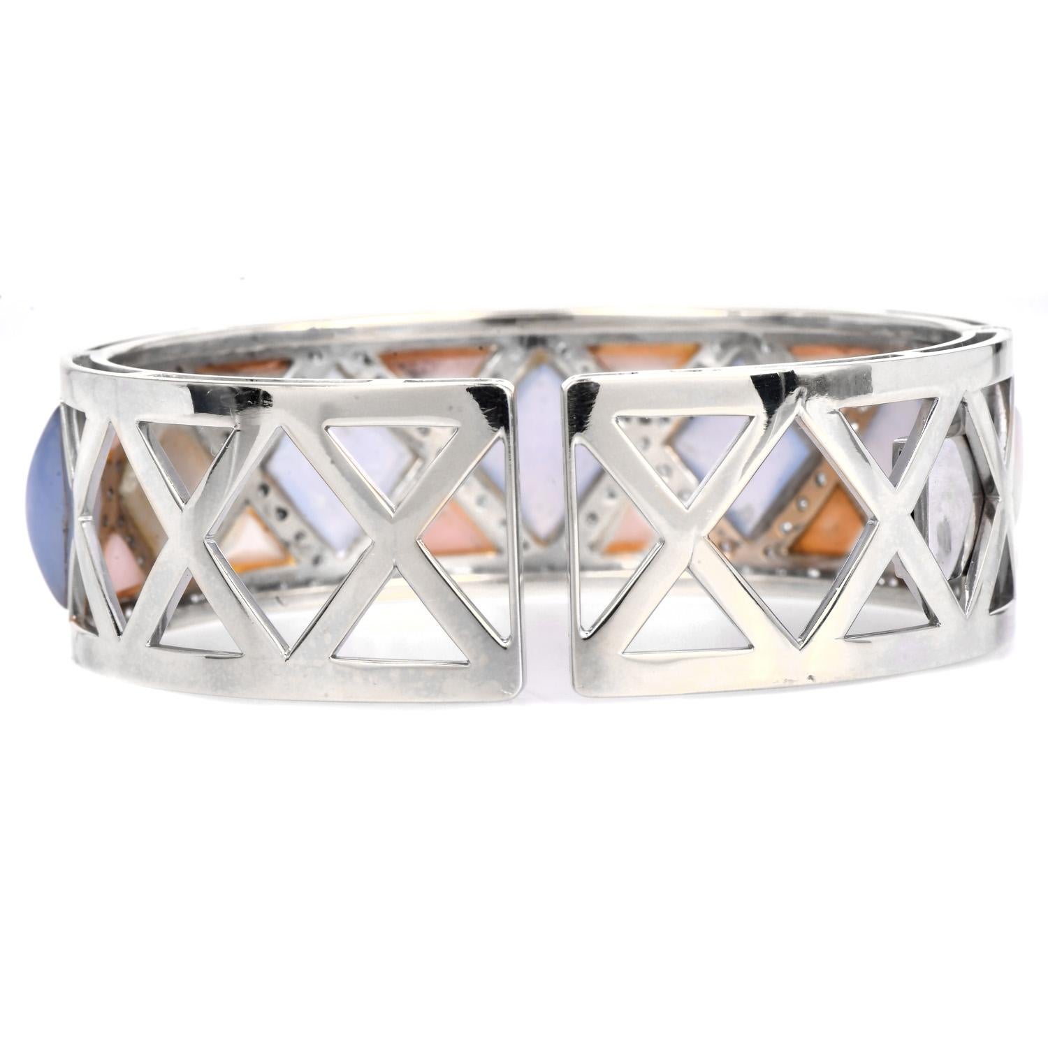 Diamond  Chalcedony Mother Of Pearl 18K Gold  Cuff Bracelet For Sale 3