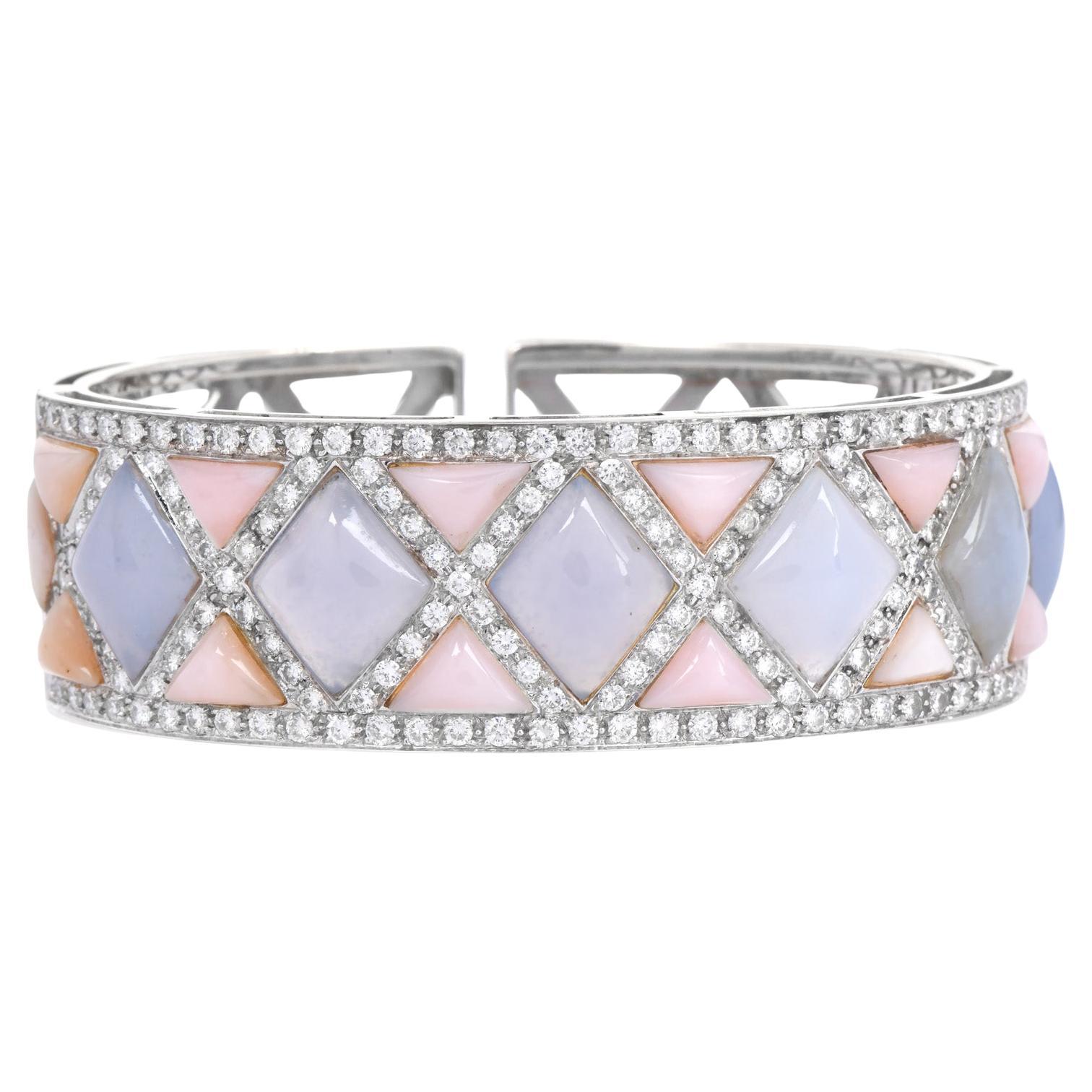 Diamond  Chalcedony Mother Of Pearl 18K Gold  Cuff Bracelet 