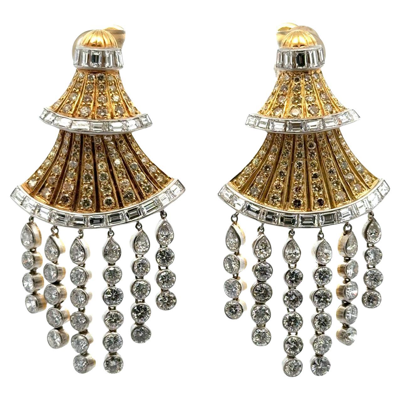 Diamond Chandelier 18 Karat Two Tone Gold Dangle Earclip Earrings S. Rudle