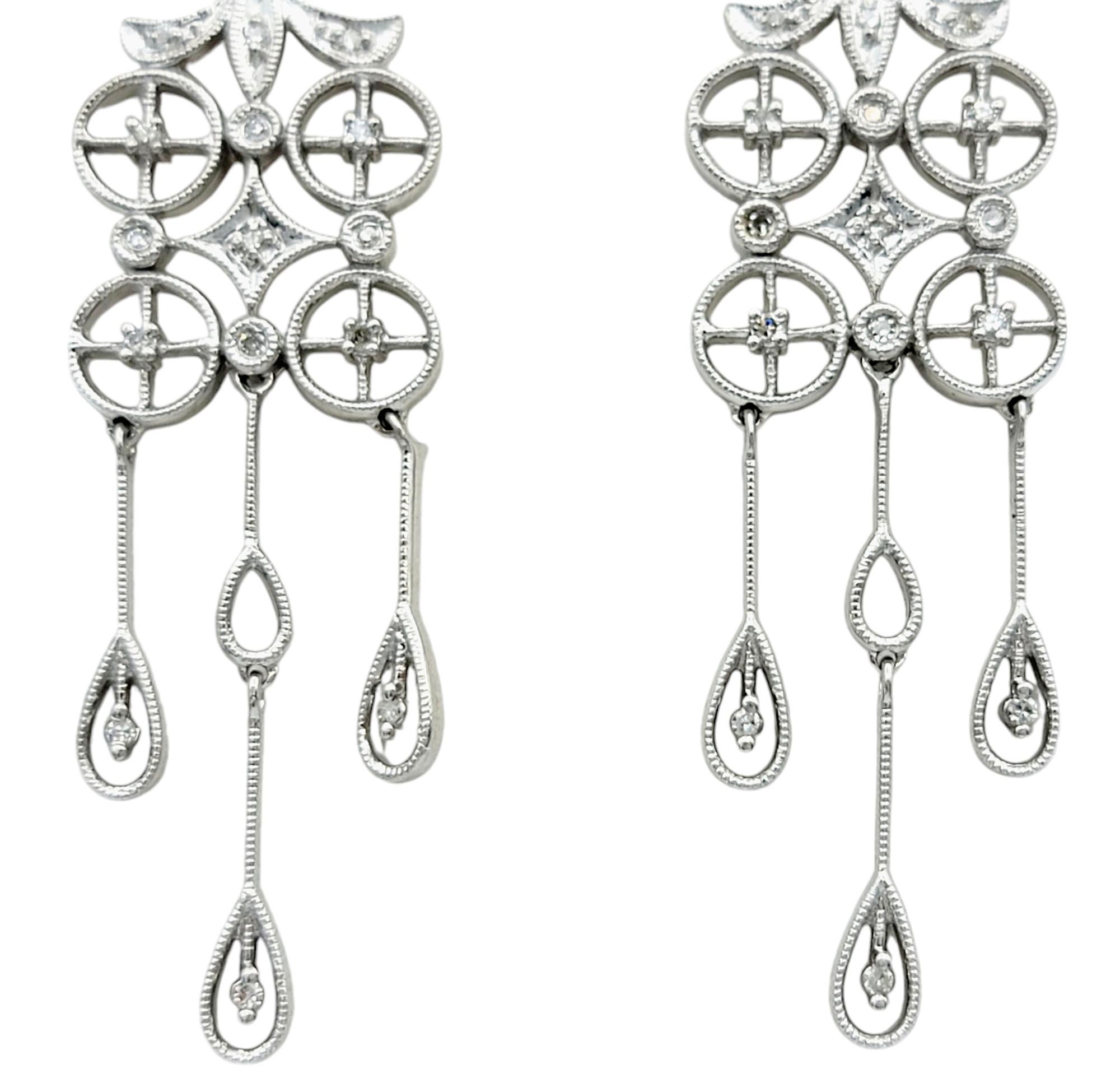 Contemporary Diamond Chandelier Dangle Earrings with Milgrain Detail in 14 Karat White Gold For Sale