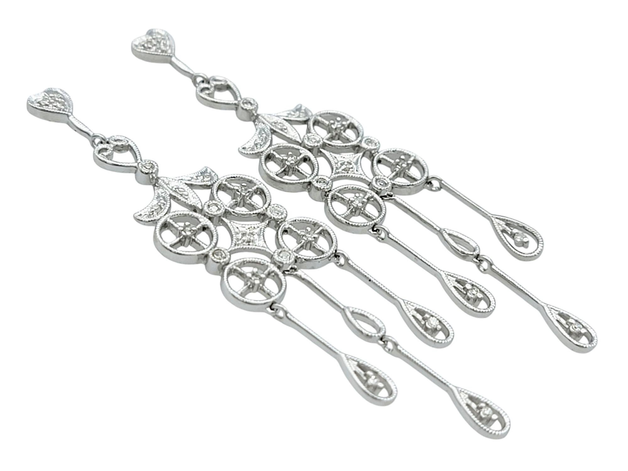 Round Cut Diamond Chandelier Dangle Earrings with Milgrain Detail in 14 Karat White Gold For Sale