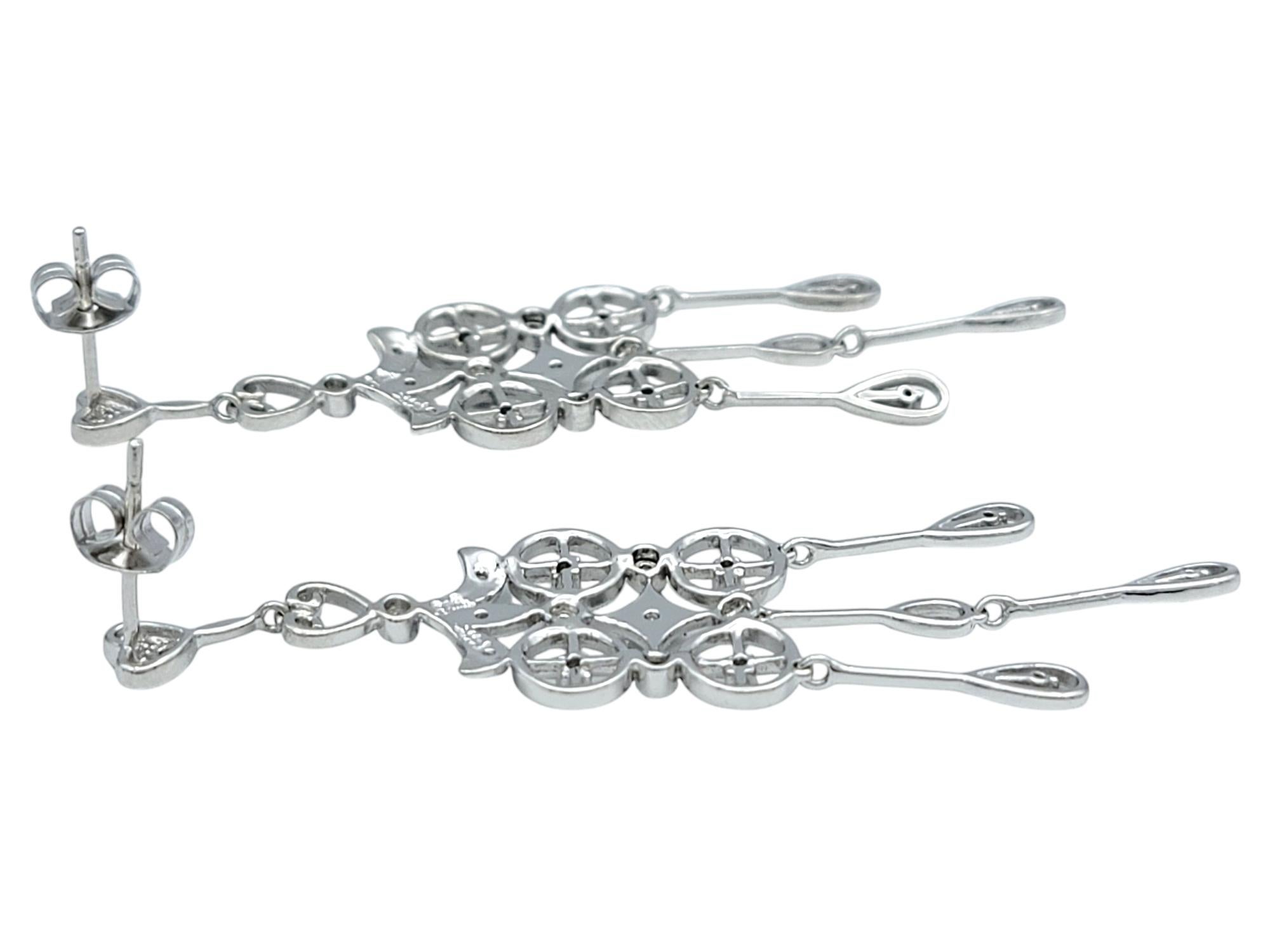 Diamond Chandelier Dangle Earrings with Milgrain Detail in 14 Karat White Gold In Good Condition For Sale In Scottsdale, AZ