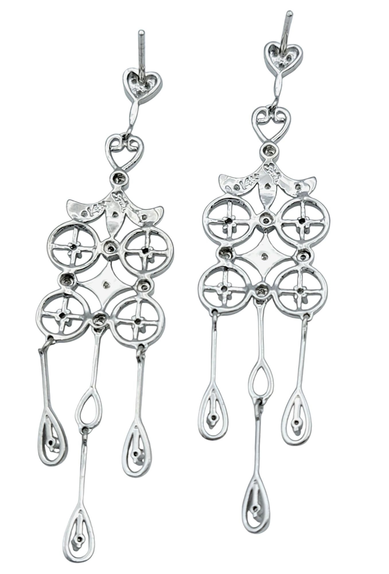 Women's Diamond Chandelier Dangle Earrings with Milgrain Detail in 14 Karat White Gold For Sale