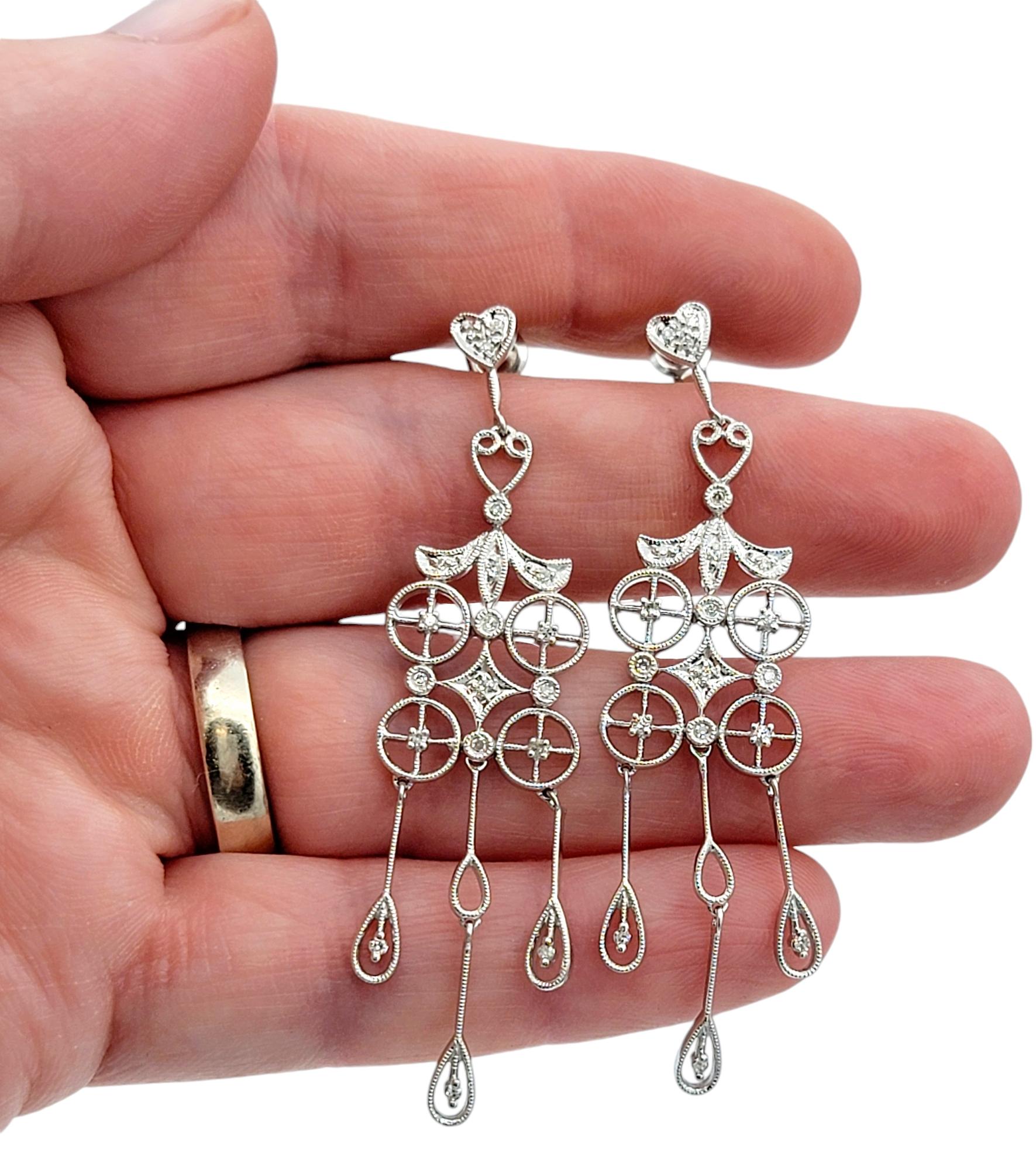 Diamond Chandelier Dangle Earrings with Milgrain Detail in 14 Karat White Gold For Sale 1