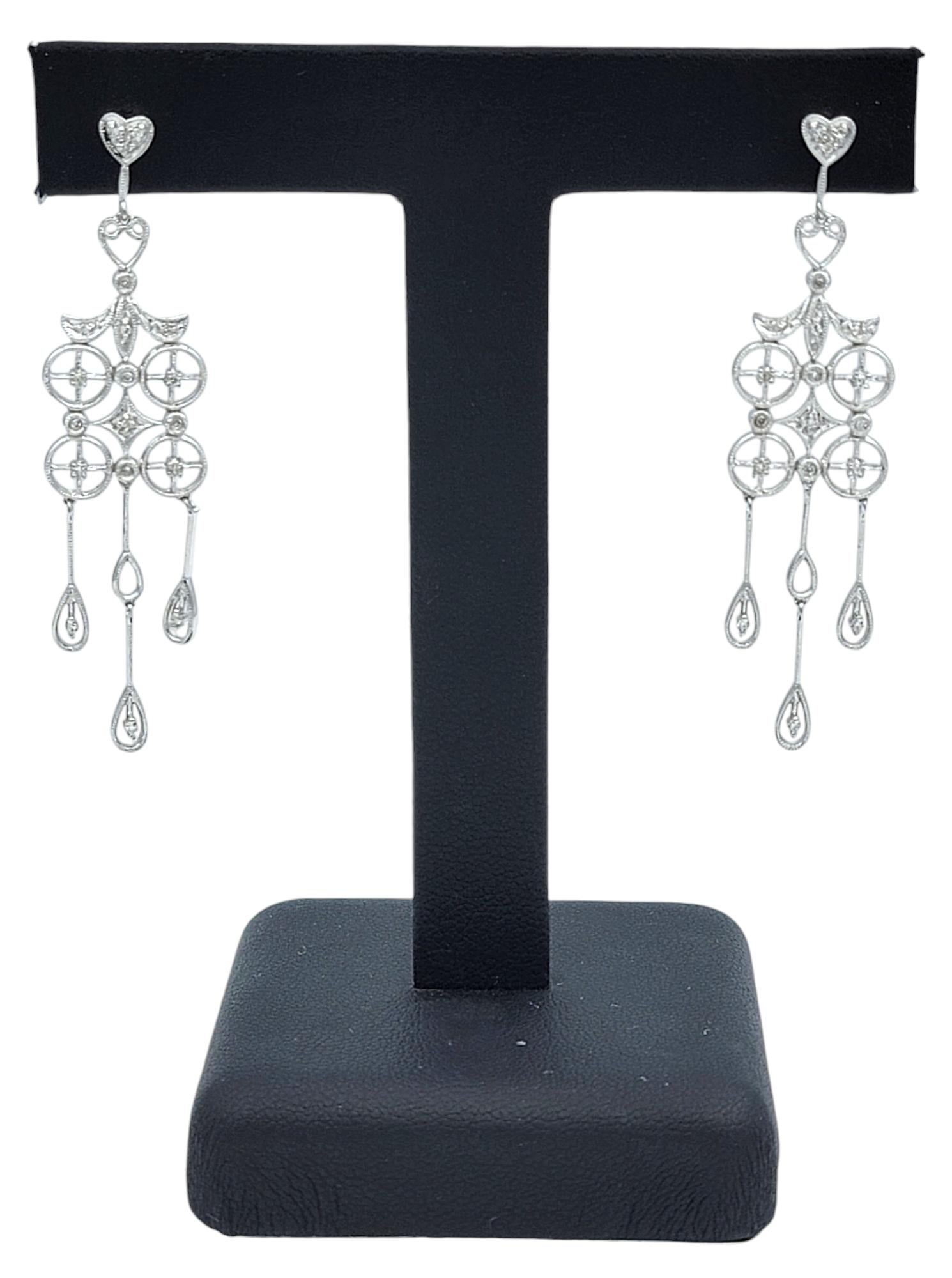 Diamond Chandelier Dangle Earrings with Milgrain Detail in 14 Karat White Gold For Sale 2