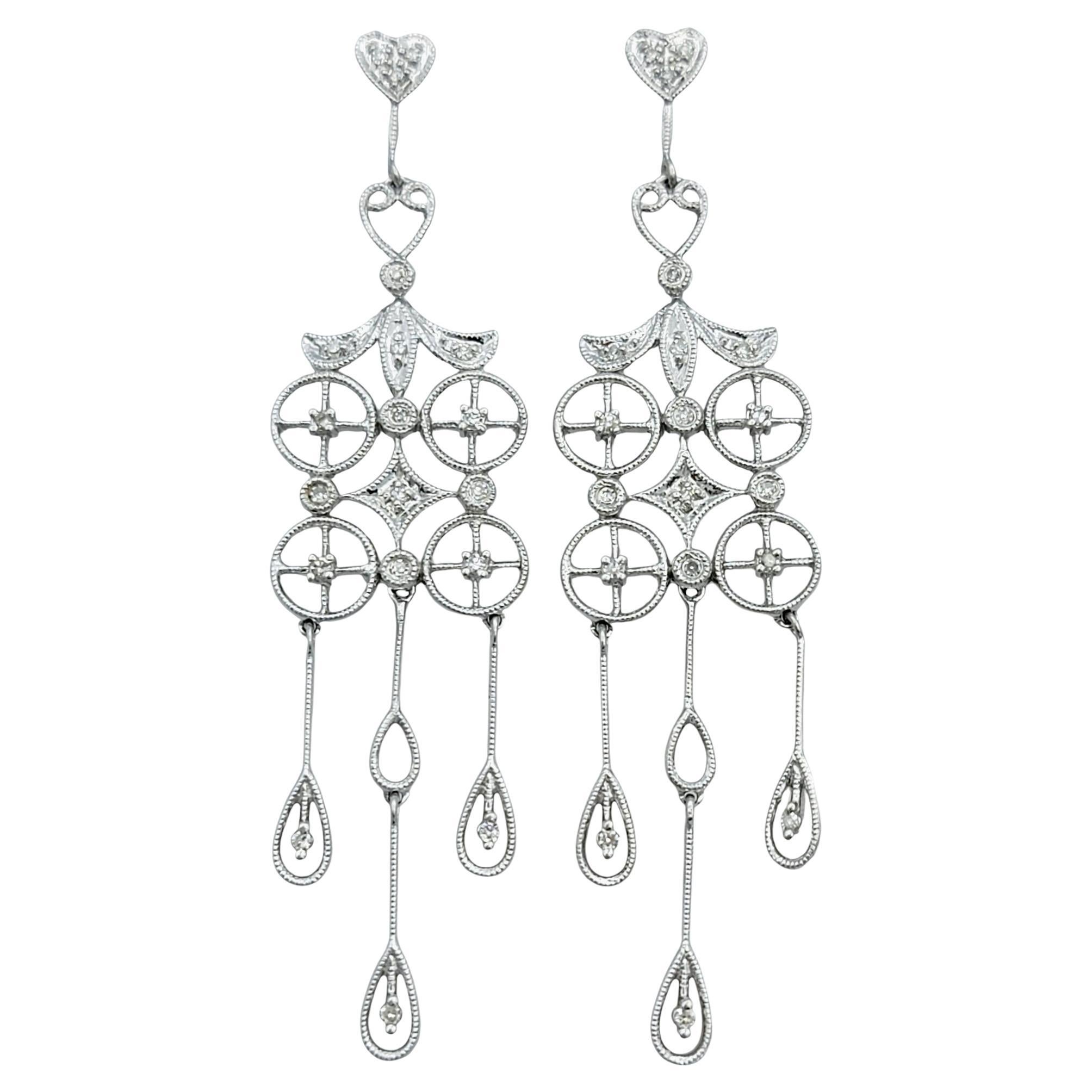 Diamond Chandelier Dangle Earrings with Milgrain Detail in 14 Karat White Gold