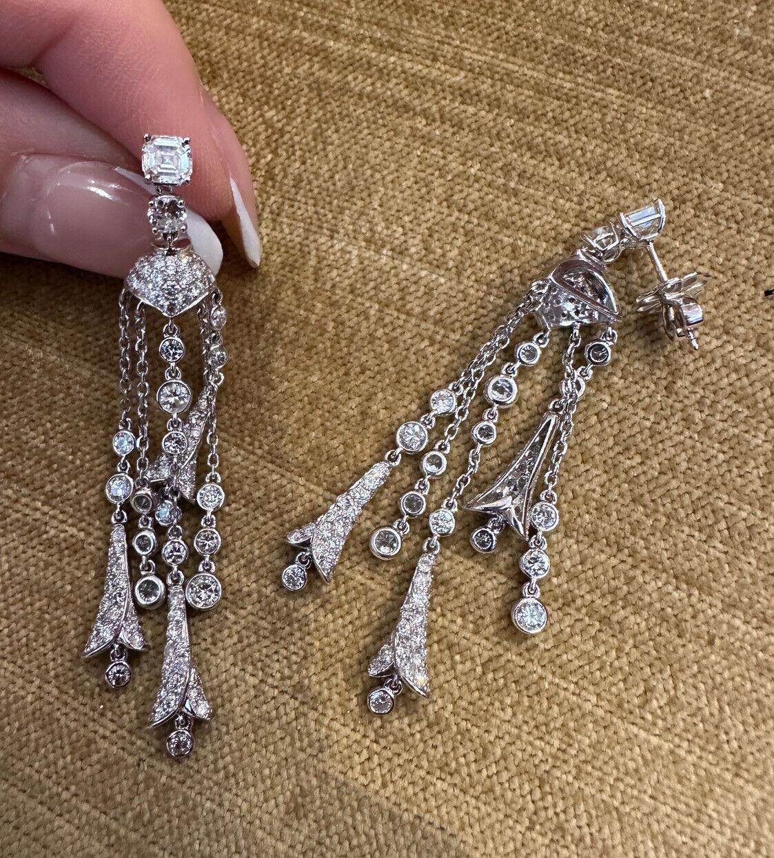 Asscher Cut Diamond Chandelier Drop Earrings 5.25 Carat Total Weight in 18k White Gold For Sale