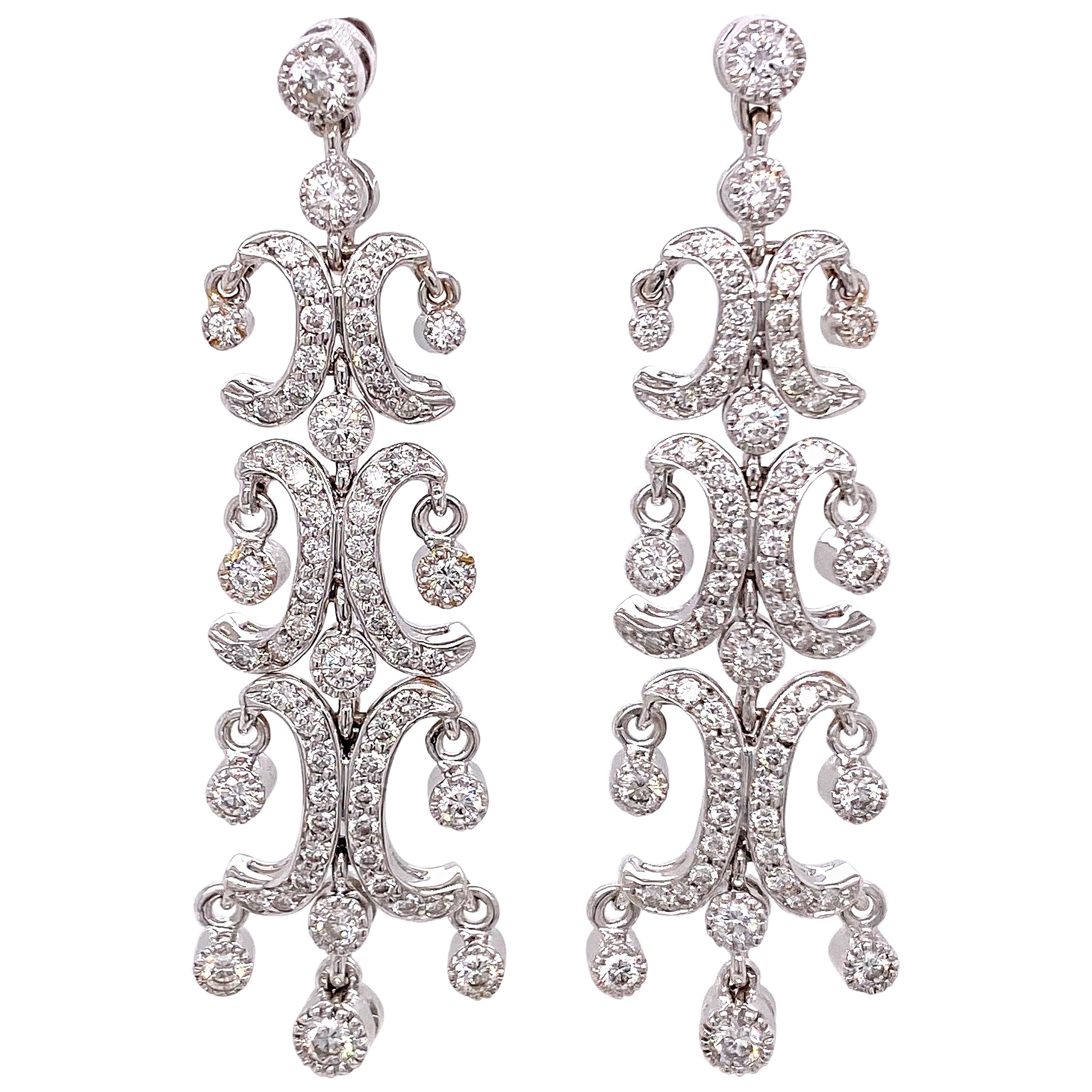 Diamond Chandelier Earrings 1.70 Carat G VS 18 Karat White Gold For Sale