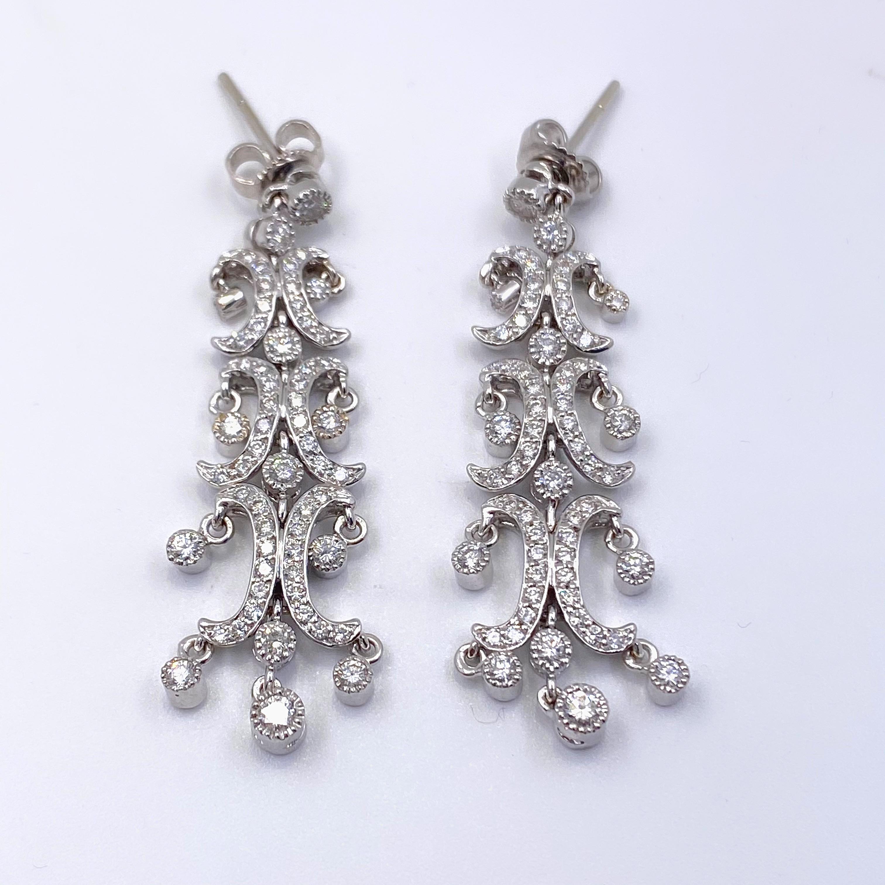 Women's or Men's Diamond Chandelier Earrings 1.70 Carat G VS 18 Karat White Gold For Sale