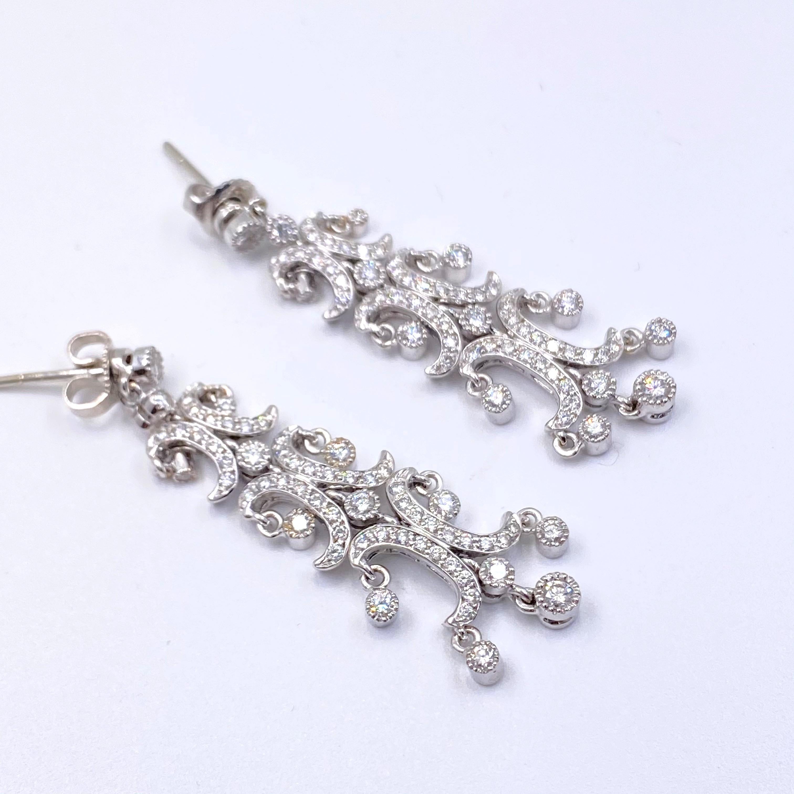 Diamond Chandelier Earrings 1.70 Carat G VS 18 Karat White Gold For Sale 1