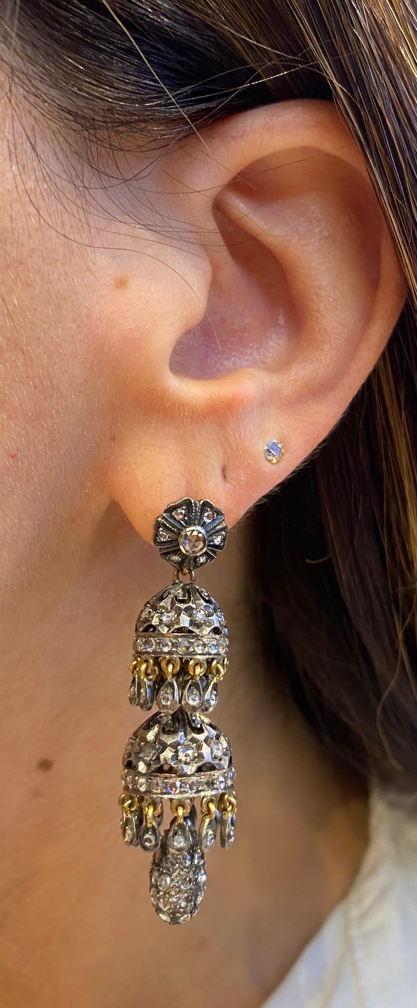 Rose Cut Diamond Chandelier Earrings For Sale