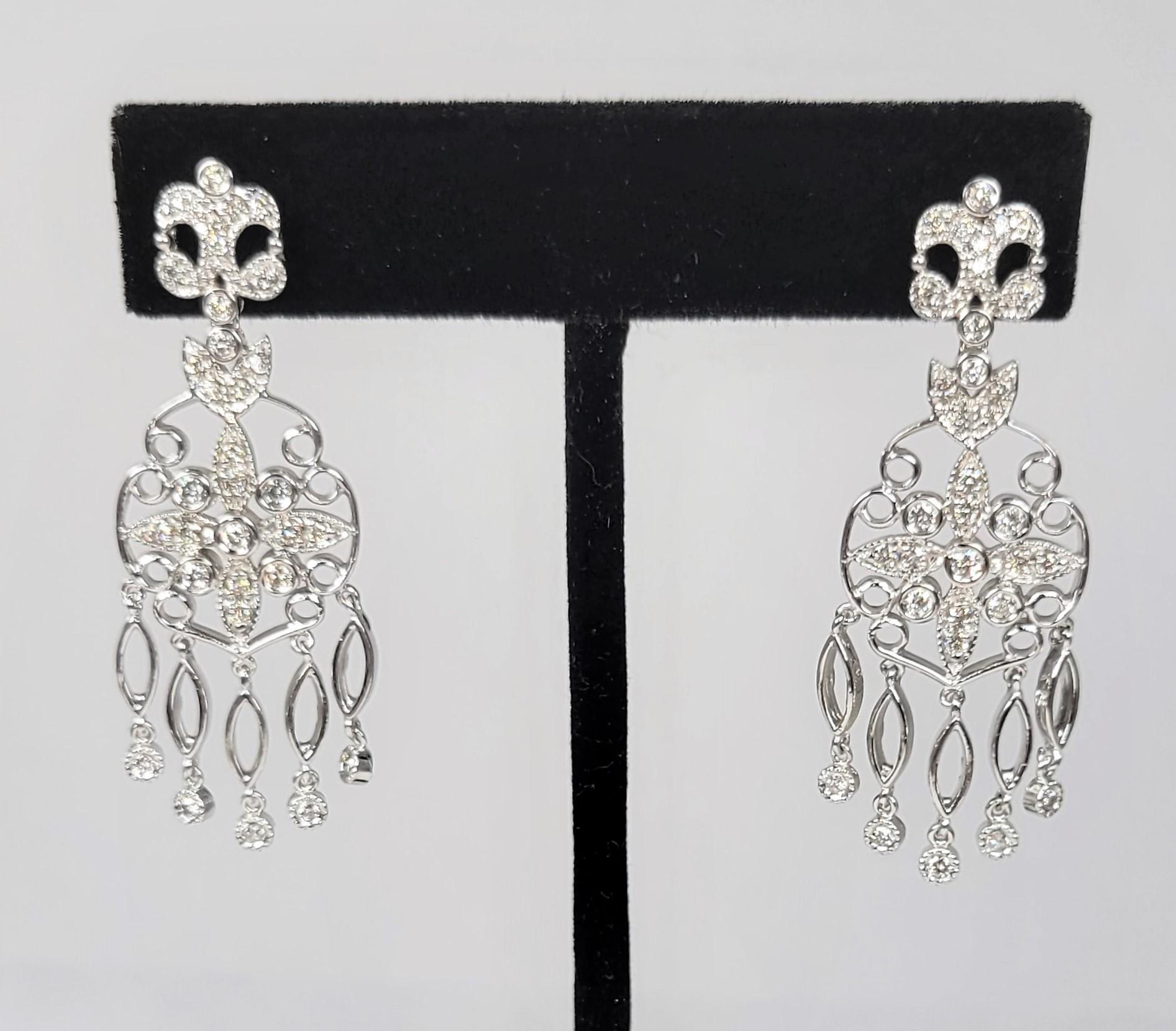 Modern Diamond Chandelier Earrings in 14 Karat White Gold For Sale