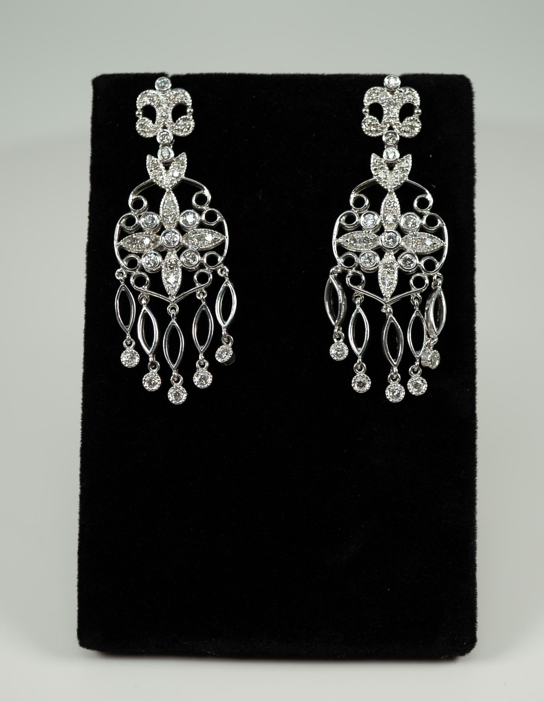 Diamond Chandelier Earrings in 14 Karat White Gold For Sale 2