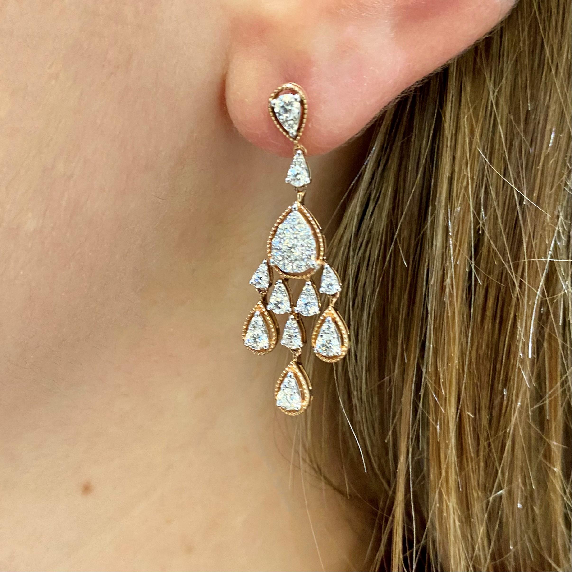 Mixed Cut Diamond Chandelier Earrings Rose and White Gold