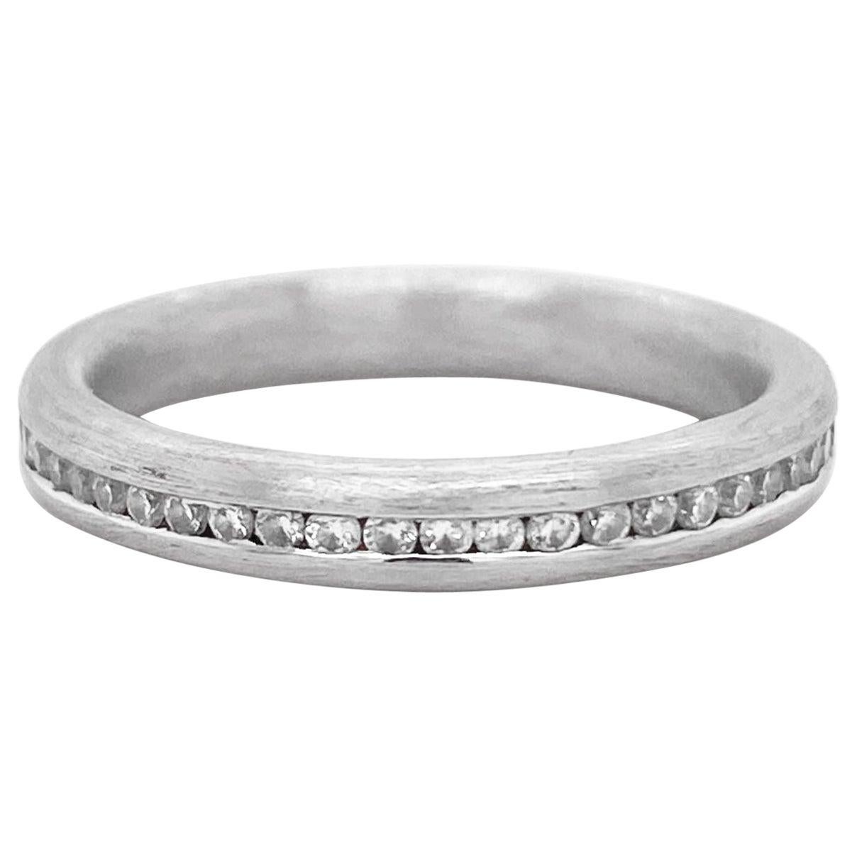 Diamond Channel Band, Brushed White Gold, Round Diamond, Stackable, Wedding Ring