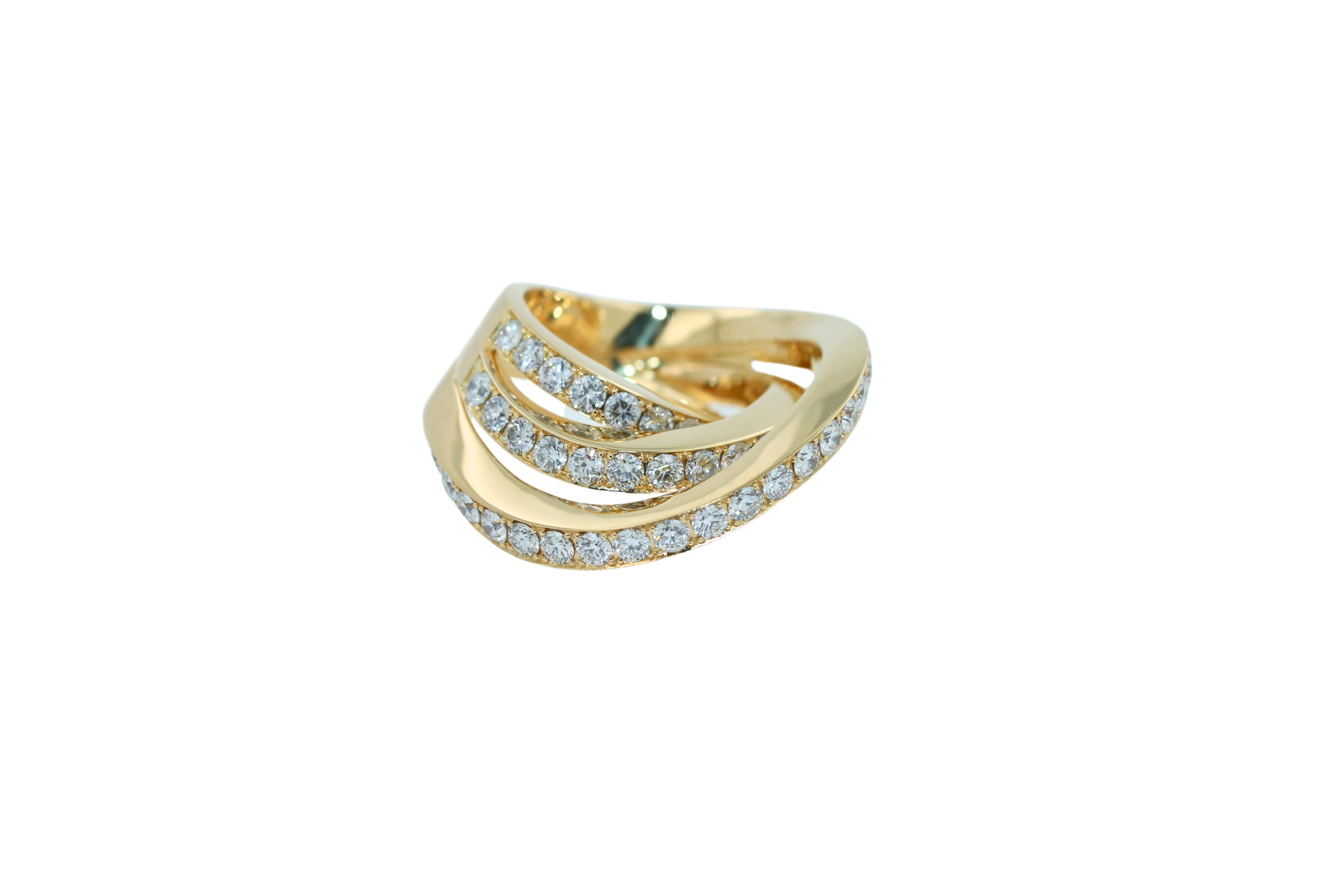 Diamond Channel Geometric Wave Curve Statement Unique 18 Karat Yellow Gold Ring For Sale 1